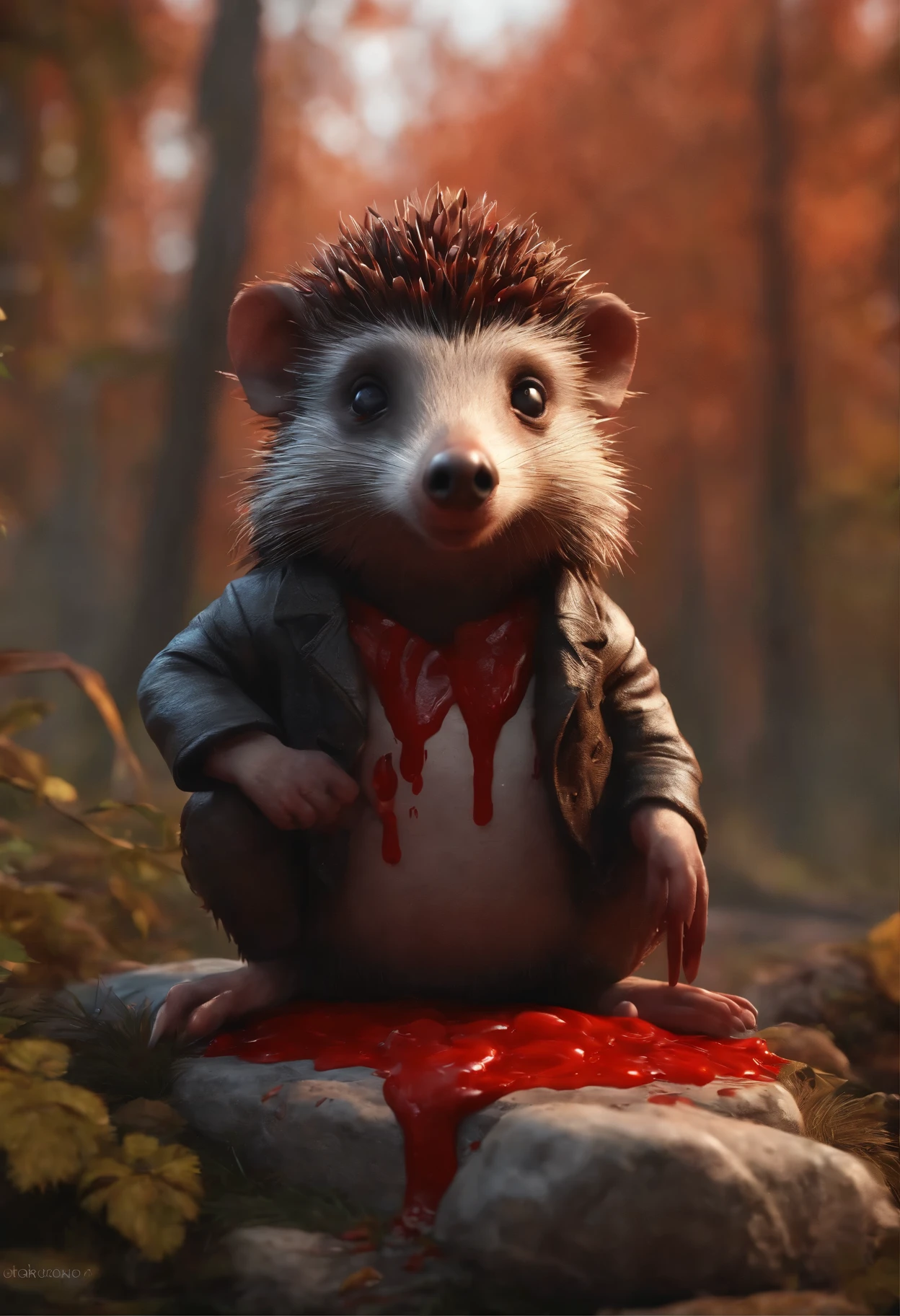 Hedgehog covered in blood, a bloody hedgehog in meat sits on a stone in the forest, charming digital painting, Rendering of monkeys, Anthropomorphic hedgehog, bloody fur, Rendering of the Marmoset ToolBaged, Zbrush Color Renderer, Rendering of the Marmoset ToolBag, Octane turns into a lonely bloody mass, cute 3D rendering, bloody fur весь в мясе, cute detailed digital art, whimsical demon with rainbow fur