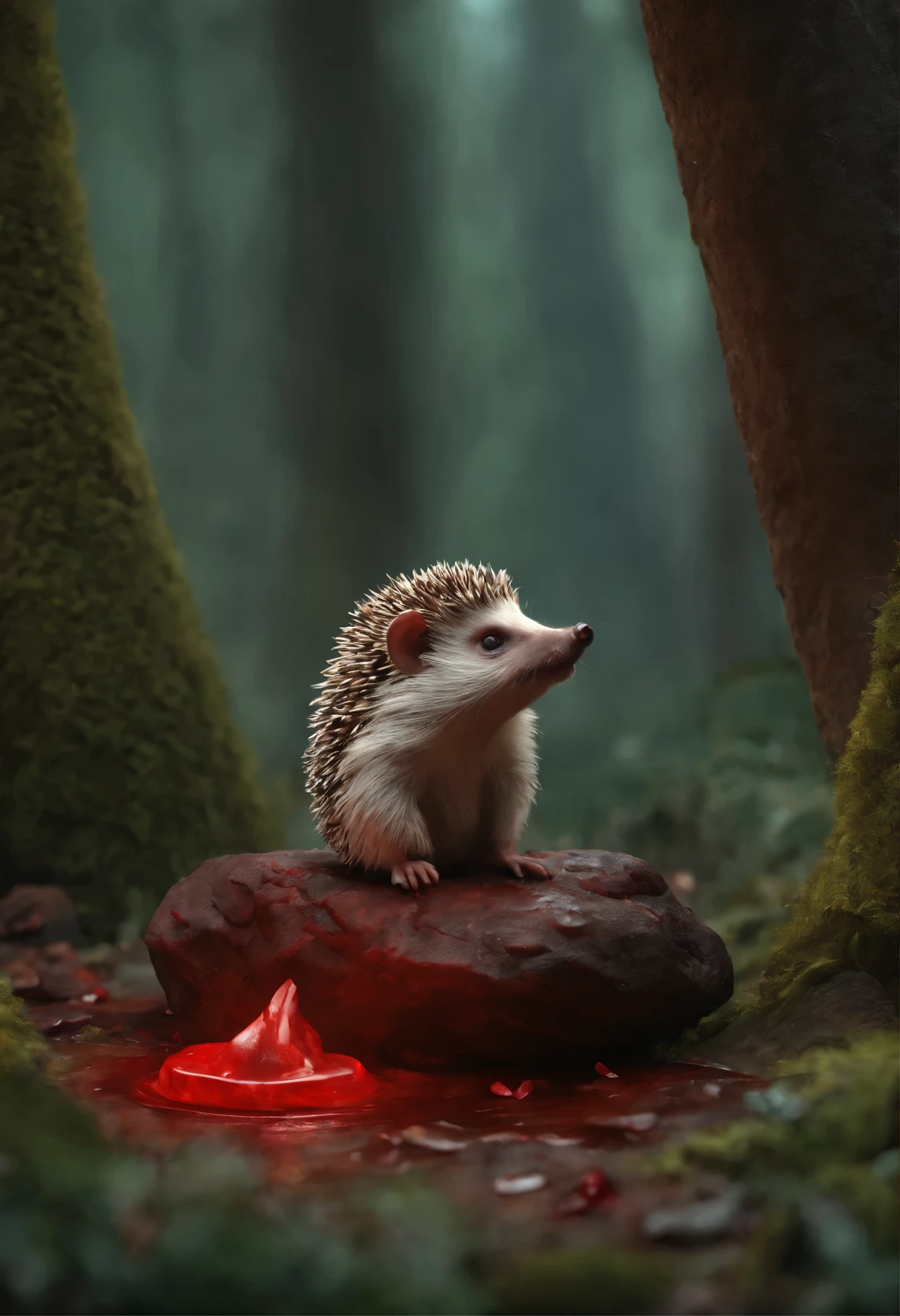 Hedgehog covered in blood, a bloody hedgehog in meat sits on a stone in the forest, charming digital painting, Rendering of monkeys, Anthropomorphic hedgehog, bloody fur, Rendering of the Marmoset ToolBaged, Zbrush Color Renderer, Rendering of the Marmoset ToolBag, Octane turns into a lonely bloody mass, cute 3D rendering, bloody fur весь в мясе, cute detailed digital art, whimsical demon with rainbow fur