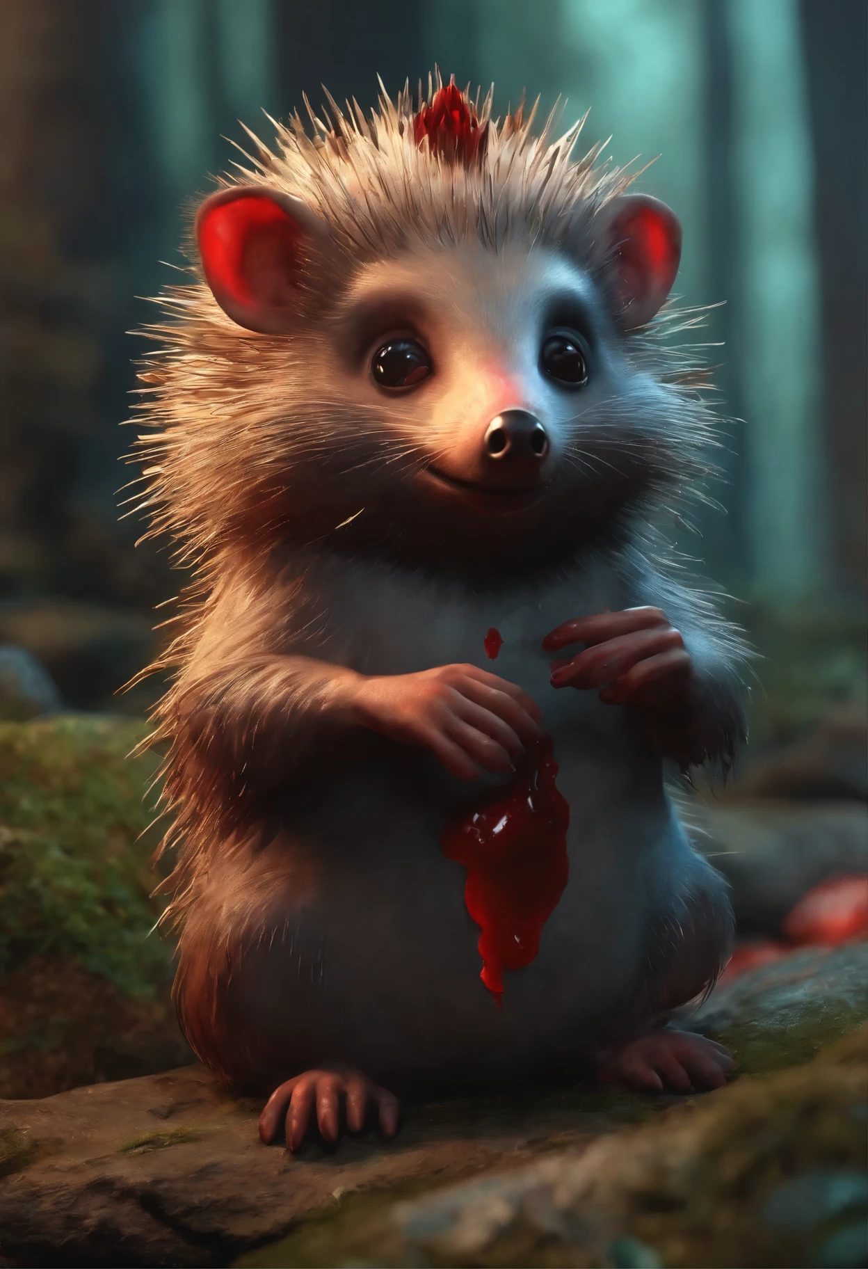 Hedgehog covered in blood, a bloody hedgehog in meat sits on a stone in the forest, charming digital painting, Rendering of monkeys, Anthropomorphic hedgehog, bloody fur, Rendering of the Marmoset ToolBaged, Zbrush Color Renderer, Rendering of the Marmoset ToolBag, Octane turns into a lonely bloody mass, cute 3D rendering, bloody fur весь в мясе, cute detailed digital art, whimsical demon with rainbow fur