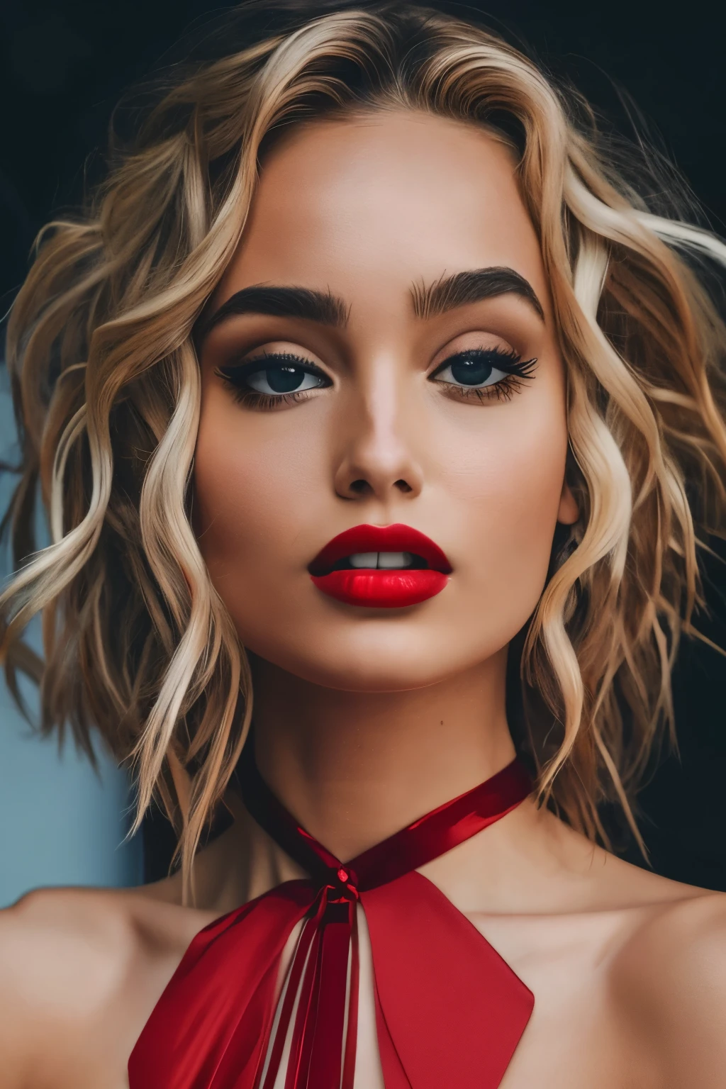 Uma mulher,brown, wavy hair down to the waist,olhos puxados e tristes,full and red lips,she feels alone and is alone, she screams in despair, her hands on her head with her huge nails painted red