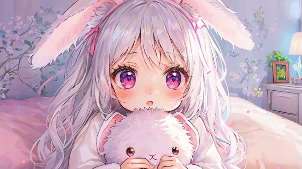 beautiful illustration, best quality, cute girl, bedroom, pastel color, fluffy bunny ears, petite, silver long hair, rabbit stuffed toy, bright lighting, light pink eyes