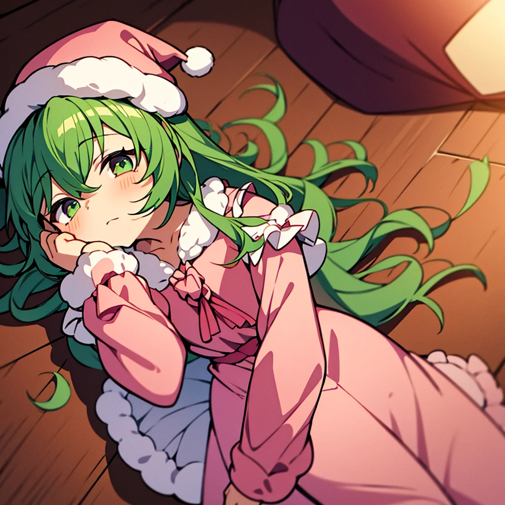masterpiece, best quality, 1girl, , child, 10 years oluka (pc-98), solo, green hair, long hair, pink nightcap, pink santa hat, green eyes, kazami yuuka, long sleeves, red ribbon, pink negligee, sleepy eyes, one piece clothing, touhou, pajamas, pink nightgown, fluffy hair, solo, hair over one eye, wavy hair