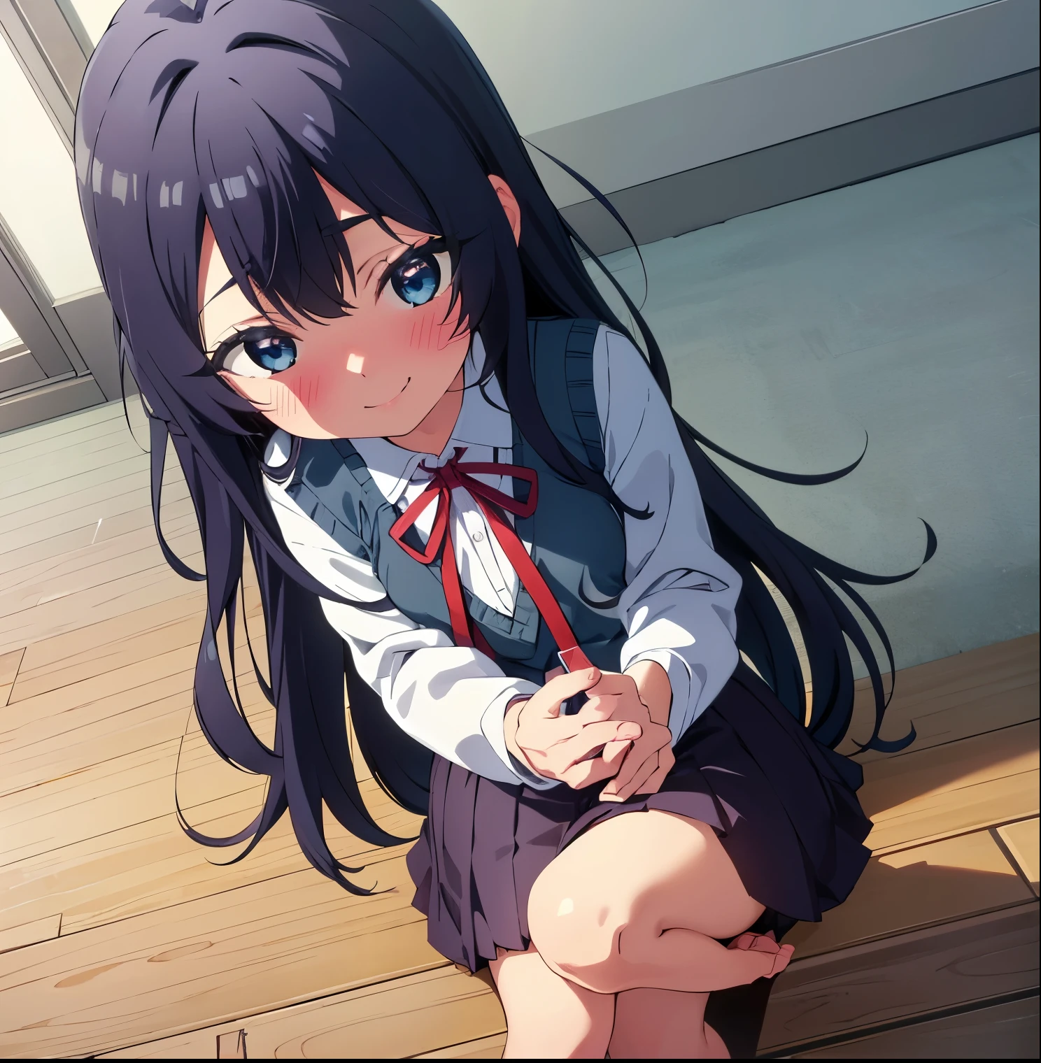 a girl in the library, point of view (from below), 1 girl, alone, shizuka yoshimoto, long hair, dark blue hair, blue eyes, ribbon on neck, red ribbon, white shirt, black skirt, embarrassed, smiling, long sleeves, school uniform, bracelet, vest, classroom, taking, selfie, smiling, embarrassed, shy, library, sitting, sitting at the desk, legs crossed, all blushing, standing, 1 girl, (masterpiece: 1.3 ), (high resolution), (8K), (extremely detailed), (4k), (pixiv), perfect face, Beautiful eyes and face, (Best quality), (super detailed), detailed face and eyes, (only) , skin texture, Absurd, high resolution, small breasts, medium waist, medium thighs