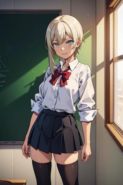 ((masterpiece)), ((best quality)), ((highres)), ((extremely detailed CG unity 8k wallpaper)), solo, tachibana kanade, black skirt, white socks, small smile, classroom