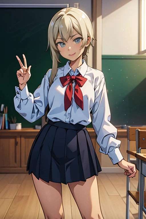 ((masterpiece)), ((best quality)), ((highres)), ((extremely detailed CG unity 8k wallpaper)), solo, tachibana kanade, black skirt, white socks, small smile, classroom