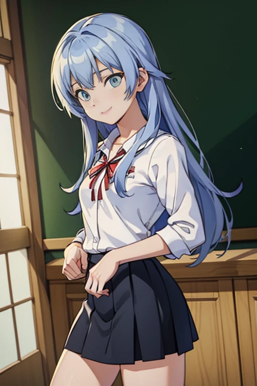 ((masterpiece)), ((best quality)), ((highres)), ((extremely detailed CG unity 8k wallpaper)), solo, tachibana kanade, black skirt, white socks, small smile, classroom