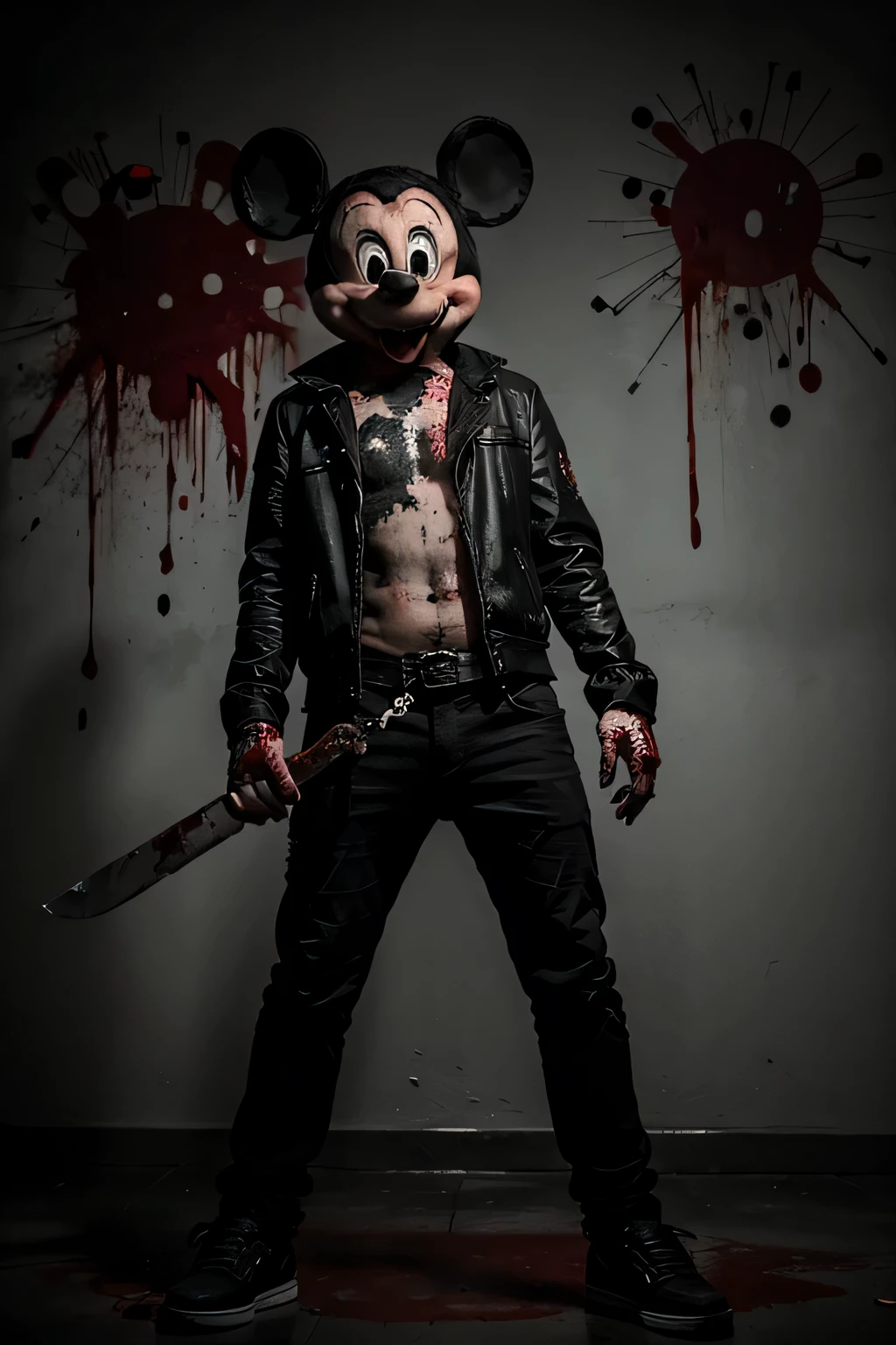Crea una imagen de cuerpo completo de Mickey Mouse cubierto de sangre y con un cuchillo en la mano., oscuro, horror, cinematographic