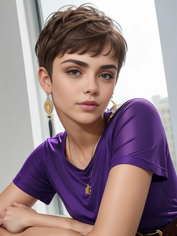 Photo of a -yeld Euean girl, RAW, beautiful woman, pecas en mejillas y nariz ,hermosos ojos azules(Light brown hair pixie haircut),corte de cabello pixie ((retrato)), ((Cara detallada:1.2)), ((Detailed facial features)), (Piel finamente detallada) ,lindo maquillaje, Purple eyeshadows on eyelids (cool color), (Masutepiece) (proporciones perfectaotos realistas)(La mejor calidad), NffSW, (8k) (papel tapiz) (cinematic lighting) (Dramatic lighting) (sharp focus) (Enrevesado) , fondo variado , linda sonrisa, cuerpo completo, hermoso cuerpo , gargantilla negra , aretes en forma de clip, wears a purple t-shirt with a skull image, white belt, Lilac skirt with checkered images, Long boots with heels , foto de cuerpo completo , hermosa sonrisa