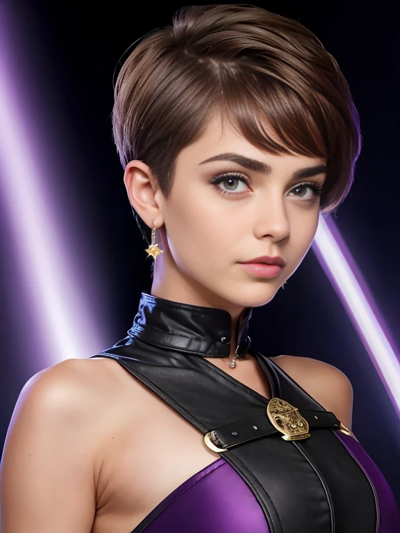 Photo of a 15-year-old European girl, RAW, beautiful woman, pecas en mejillas y nariz ,hermosos  ojos azules(Light brown hair pixie haircut),corte de cabello pixie ((retrato)), ((Cara detallada:1.2)), ((Detailed facial features)), (Piel finamente detallada) ,lindo maquillaje, Purple eyeshadows on eyelids (cool color), (Masutepiece) (proporciones perfectaotos realistas)(La mejor calidad), NffSW, (8k) (papel tapiz) (cinematic lighting) (Dramatic lighting) (sharp focus) (Enrevesado) , fondo variado , linda sonrisa, cuerpo completo, hermoso cuerpo ,  gargantilla negra , aretes en forma de clip, wears a purple t-shirt with a skull image, white belt, Lilac skirt with checkered images, Long boots with heels , foto de cuerpo completo , hermosa sonrisa 