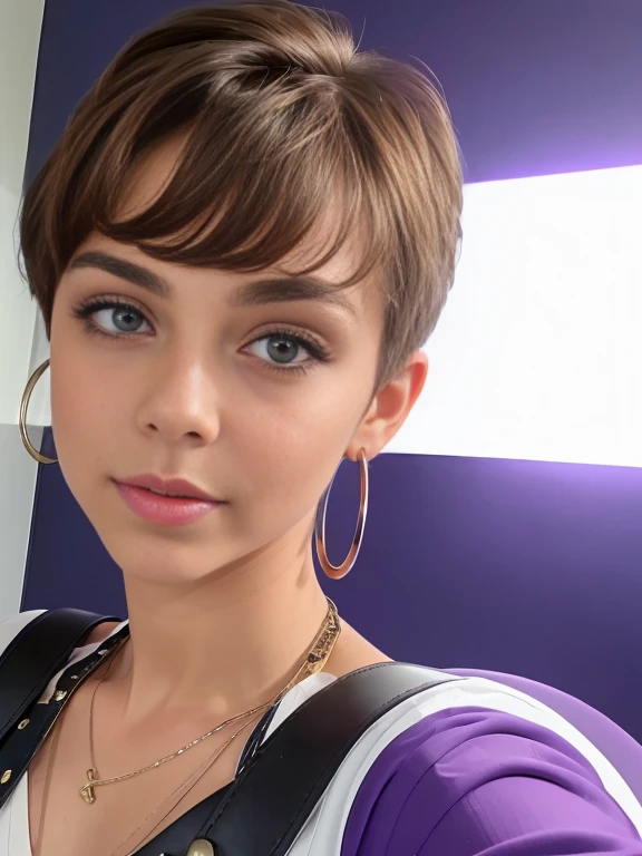 Photo of a 15-year-old European girl, RAW, beautiful woman, pecas en mejillas y nariz ,hermosos ojos azules(Light brown hair pixie haircut),corte de cabello pixie ((retrato)), ((Cara detallada:1.2)), ((Detailed facial features)), (Piel finamente detallada) ,lindo maquillaje, Purple eyeshadows on eyelids (cool color), (Masutepiece) (proporciones perfectaotos realistas)(La mejor calidad), NffSW, (8k) (papel tapiz) (cinematic lighting) (Dramatic lighting) (sharp focus) (Enrevesado) , fondo variado , linda sonrisa, cuerpo completo, hermoso cuerpo , gargantilla negra , aretes en forma de clip, wears a purple t-shirt with a skull image, white belt, Lilac skirt with checkered images, Long boots with heels , foto de cuerpo completo , hermosa sonrisa