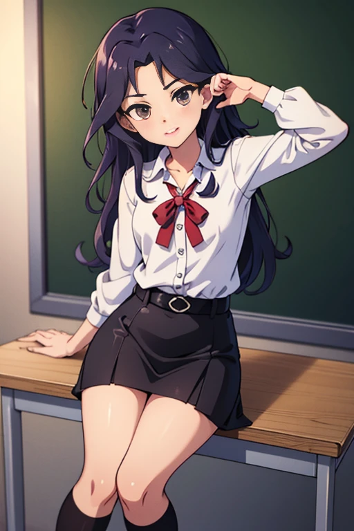 ((masterpiece)), ((best quality)), ((highres)), ((extremely detailed CG unity 8k wallpaper)), solo, tachibana kanade, black skirt, white socks, small smile, classroom