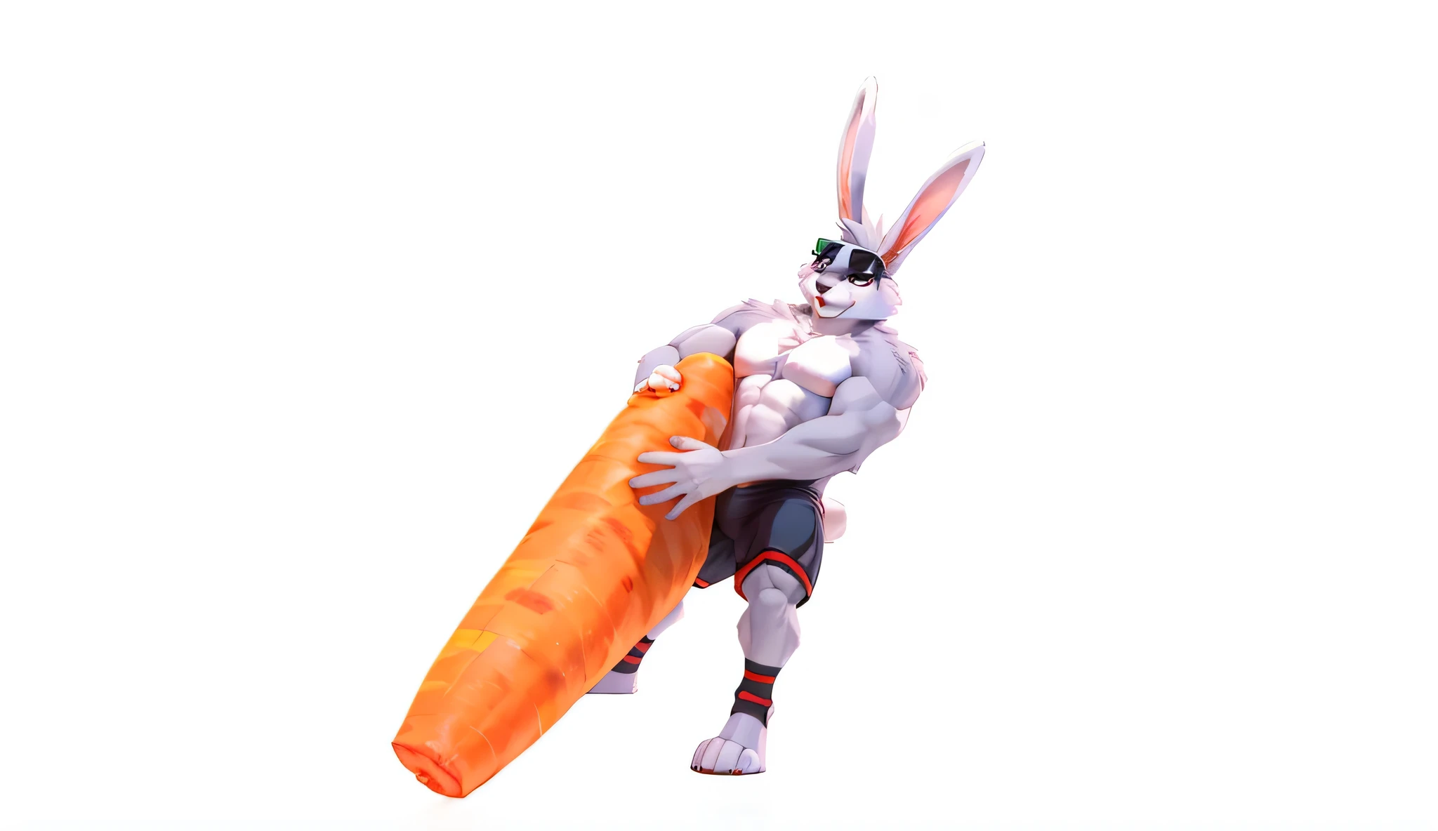 (best quality), (Super detailed), (8k,4K),(Very detailed:1.2),(Detailed face:1.2),(dynamic poses:1.2),(perfect lightingbest quality),maintain posture,Bug Rabbit,bodybuilding,holding a big radish,Pull the carrots hard,Wearing sunglasses on head,Restore original painting.