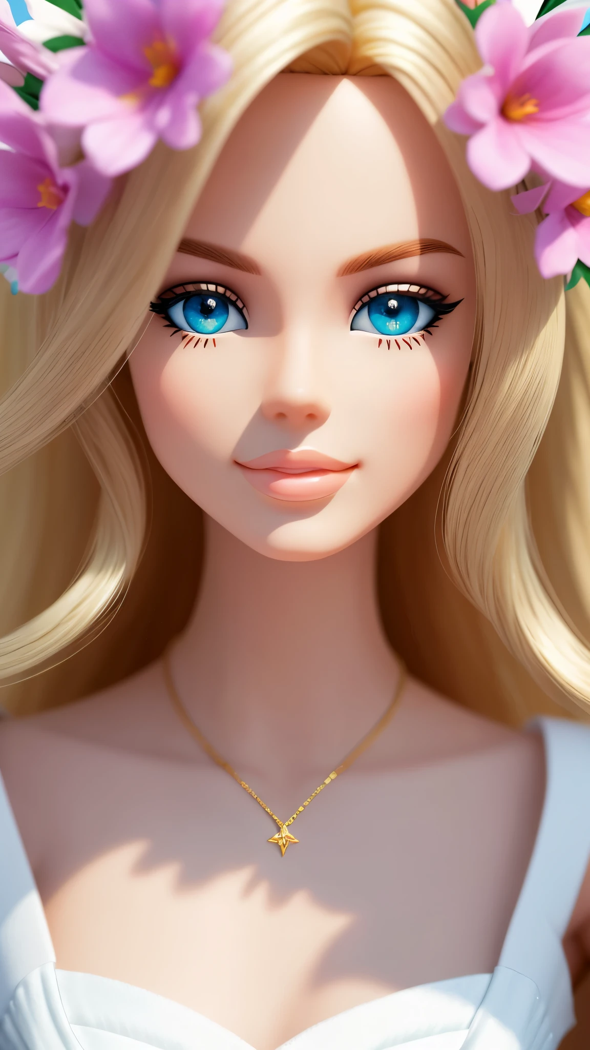 blond porcelaine Barbie princess, Delicate detailed face, detailed white skin texture, long golden hair, adorable, Clean, soft smile, blue eyes, glowing retina, white dress, fresh flowers, golden frame, center, Disney style, high resolution, official art, unreal-engine, high dynamic range, OctaneRender, cinema4d, sun ray, looking at viewer, depth of field, 3D, from below, masterpiece, 8K, best quality, anatomically correct