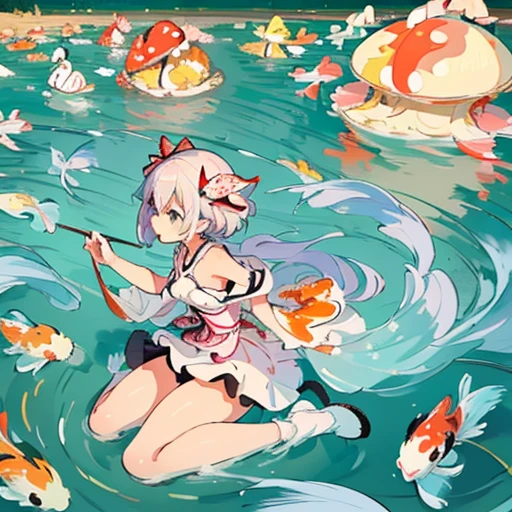 girl、amazing dynamism、amazing angle、sandstorm of unstable water flow、(((A lot of friendly pastel amanitas float and chase)))、(((surround each other'too long pastel koi)))