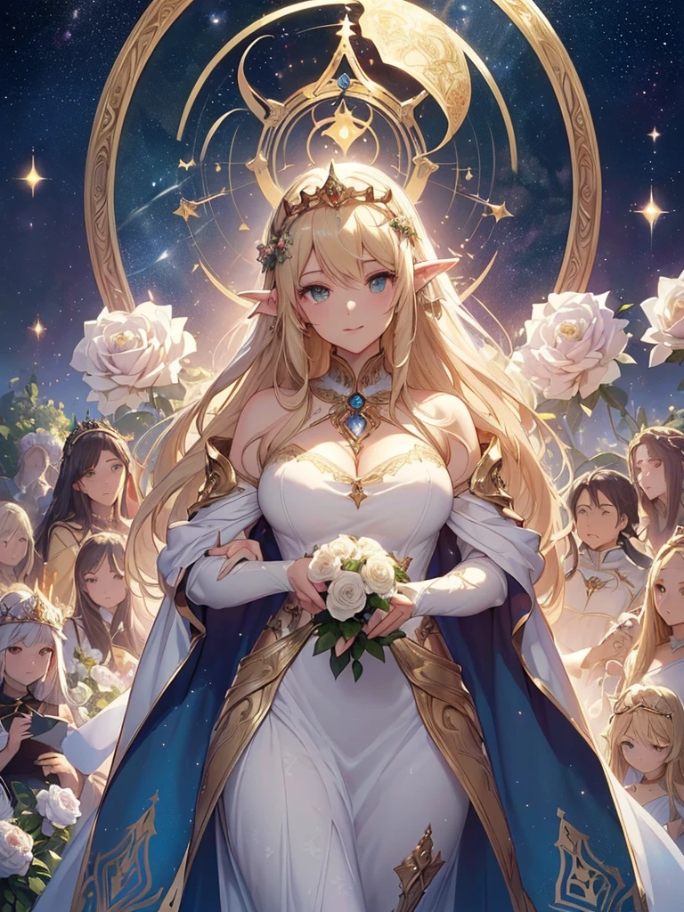 highest quality、Highest image quality、masterpiece、Super beautiful elf beauty((22 years old OL big bust、Bust 90,beautiful long ironed hair、blonde、Give me a bouquet of white roses 1.9 globes、、slender、Close-up、Esbian、beautiful tiara、High quality、beautiful art、background((starrysky)))muste piece、visual art、Depth of bounds written、low angle of morning sky、、elf ears、、light magic、Space Knight、harp melody🎵、Happy smile、gentle light、、Beautiful legs that are gentle on the skin、、、Number of fingers to achieve precise finger movements、ticker beautiful decorative dress、elegant、Mystical　rosa、　Heaven、Marble pillars, beautiful dressy、magnificent marble dome、Huge galaxy、religious painting、holding the earth、Temple of Time、Great watch、hourglass、sundial、moment of creation！myth、alphonse mucha art、art noveau、byzantine art、folding screen picture、gold foil、Raphael's paintings、renaissance art、I will present you a bouquet of white roses.！