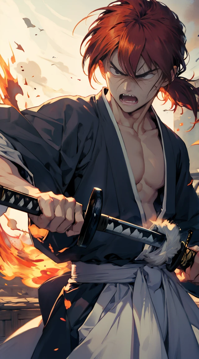 1man, red ponytail, Cross mark on cheek, Design amazing postereatures kenshin as the protagonist "Rurouni Kenshin" In the heat of the moment. Capture the essence of his burning determination and indomitable spirit,For he unleashed his anger on his enemies. Perfect Action with katana swords, Keep it short, Bold, And strongly convey the raw power of Kenshin's anger.