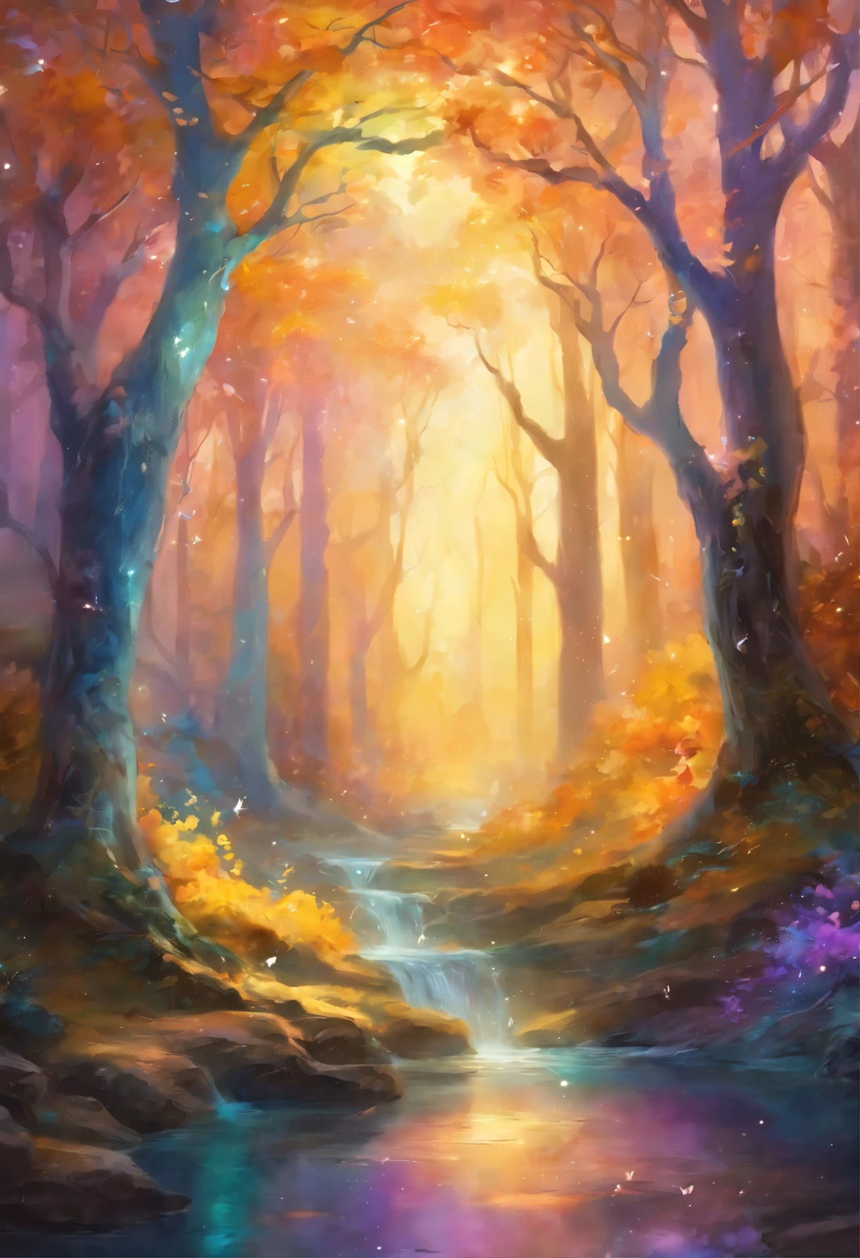 trees with golden trunks and white leaves, azuis, violetas. Galhos se movendo como cobras