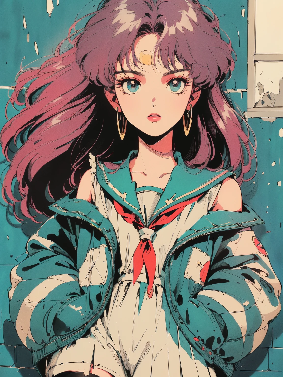 ((((90's anime style,1990s style,1970s anime，have the style of folk portraits，retro style posters,chicano inspired retro fashion，renaissance,  retro style inspiration retro, dusty,sandstone,sandstorm,sunflower, fresh and clean appearance，))))(masterpiece:1.2, best quality,top quality,epic quality,UHD), (detalhes intrincados),((head tilts,hands in pockets,)) 1lady, solo,minimal makeup, tecidos naturais,innocent, cara travessa,((rich background,))  ((ruined wall,graffiti wall，scribble art，broken window,))scarlet hair,{short hair|knot top|Clearly visible strands of hair|natural curved|ahoge|shining hairclip|high ponytail},claros, franja, franja na testa,incredibly_absurdres pupils,saia plissada, (((sagging breastace madura, detailed face, ((ultra-detailed,  lovely)), (geometric:1.2),)),  ((off shoulders,frills,sleeves past wrists,sailor dress,sailor uniform, stockings,))ray tracing,god lighting,god ray)),((extremely_Detailed_Eyes_and_face)),(Beautiful and aesthetic: 1.2),Brilliant,unbelievable Ridiculous quality,)),((extremely_Detailed_Eyes_and_face)),(Beautiful and aesthetic: 1.2),Brilliant，Ultra-precise depiction, Ultra-detailed depiction,Bokeh (85mm Shot)，(((Delicate fingers and hands:0.55))::0.85))),(Detailed fingers),
