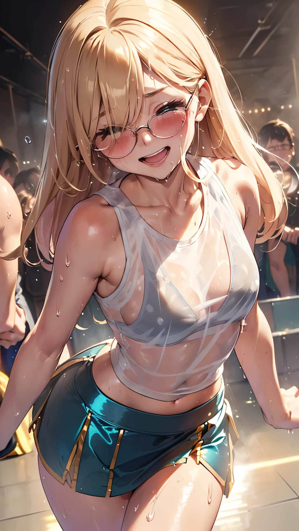1 female,golden hair,25 years old,(((Blue shiny micro tight skirt)))((white tank top))(((blush cheeks、open mouth smile)),(((straight hair))),(((Portrait))),crowd,,((wet with sweat))(Sexy bra with see-through tank top)(glasses)(((small breasts)))