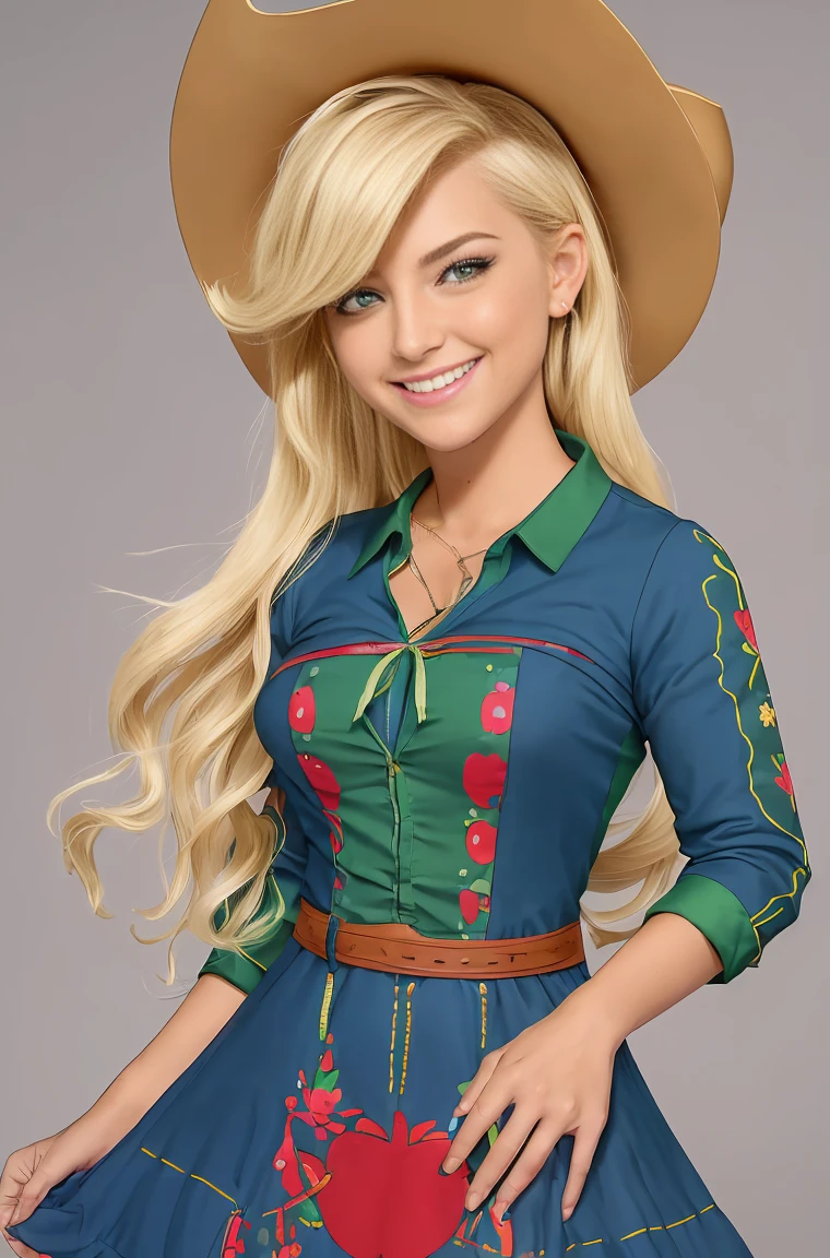 (Obra maestra, La mejor calidad:1.2), Disparo de vaquero, solamente, 1girl, mlpapplejack, They are smiling, Mirando al espectador, Cabello largo y bajo, linda sonrisa,Vestido de noche elegante, vestido escotado, senos grandes,  tacones , sombrero, en castillo, noche