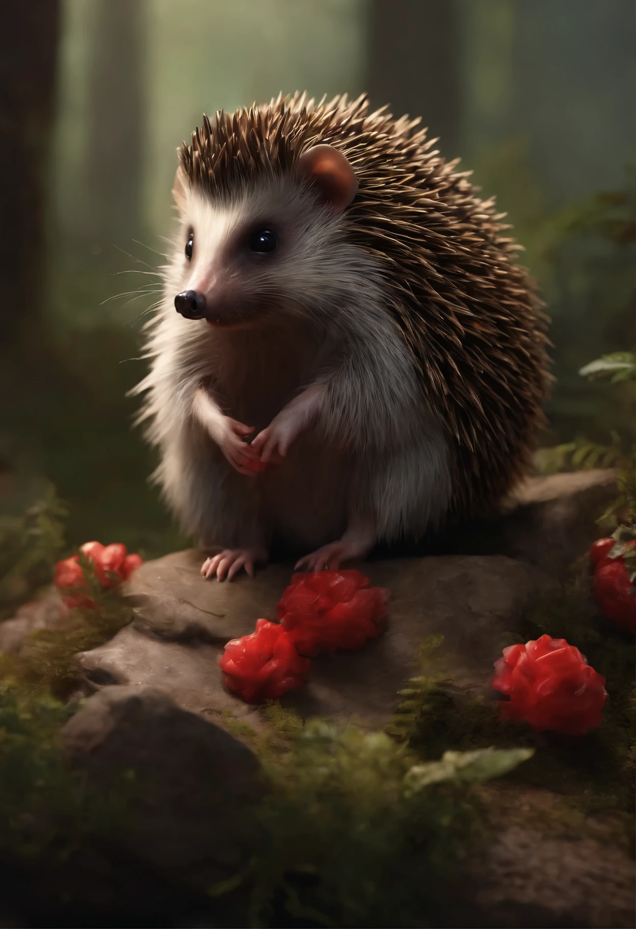 Hedgehog vampire, hedgehog, fanged hedgehog, hedgehog with red eyes, Hedgehog covered in blood,hedgehog breaks my heart, a bloody hedgehog in meat sits on a stone in the forest, charming digital painting, Rendering of monkeys, Anthropomorphic hedgehog, bloody fur, Rendering of the Marmoset ToolBaged, Zbrush Color Renderer, Rendering of the Marmoset ToolBag, Octane turns into a lonely bloody mass, cute 3D rendering, bloody fur весь в мясе, cute detailed digital art, whimsical demon with rainbow fur