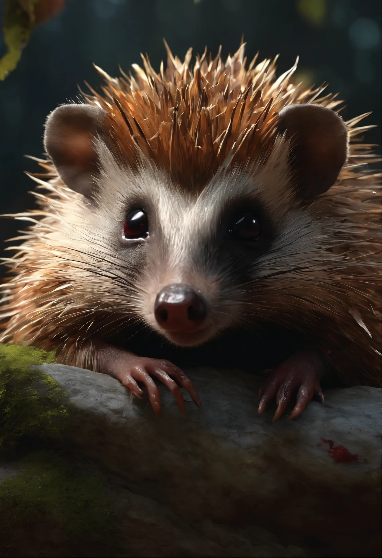 Hedgehog vampire, hedgehog, fanged hedgehog, hedgehog with red eyes, Hedgehog covered in blood,hedgehog breaks my heart, a bloody hedgehog in meat sits on a stone in the forest, charming digital painting, Rendering of monkeys, Anthropomorphic hedgehog, bloody fur, Rendering of the Marmoset ToolBaged, Zbrush Color Renderer, Rendering of the Marmoset ToolBag, Octane turns into a lonely bloody mass, cute 3D rendering, bloody fur весь в мясе, cute detailed digital art, whimsical demon with rainbow fur
