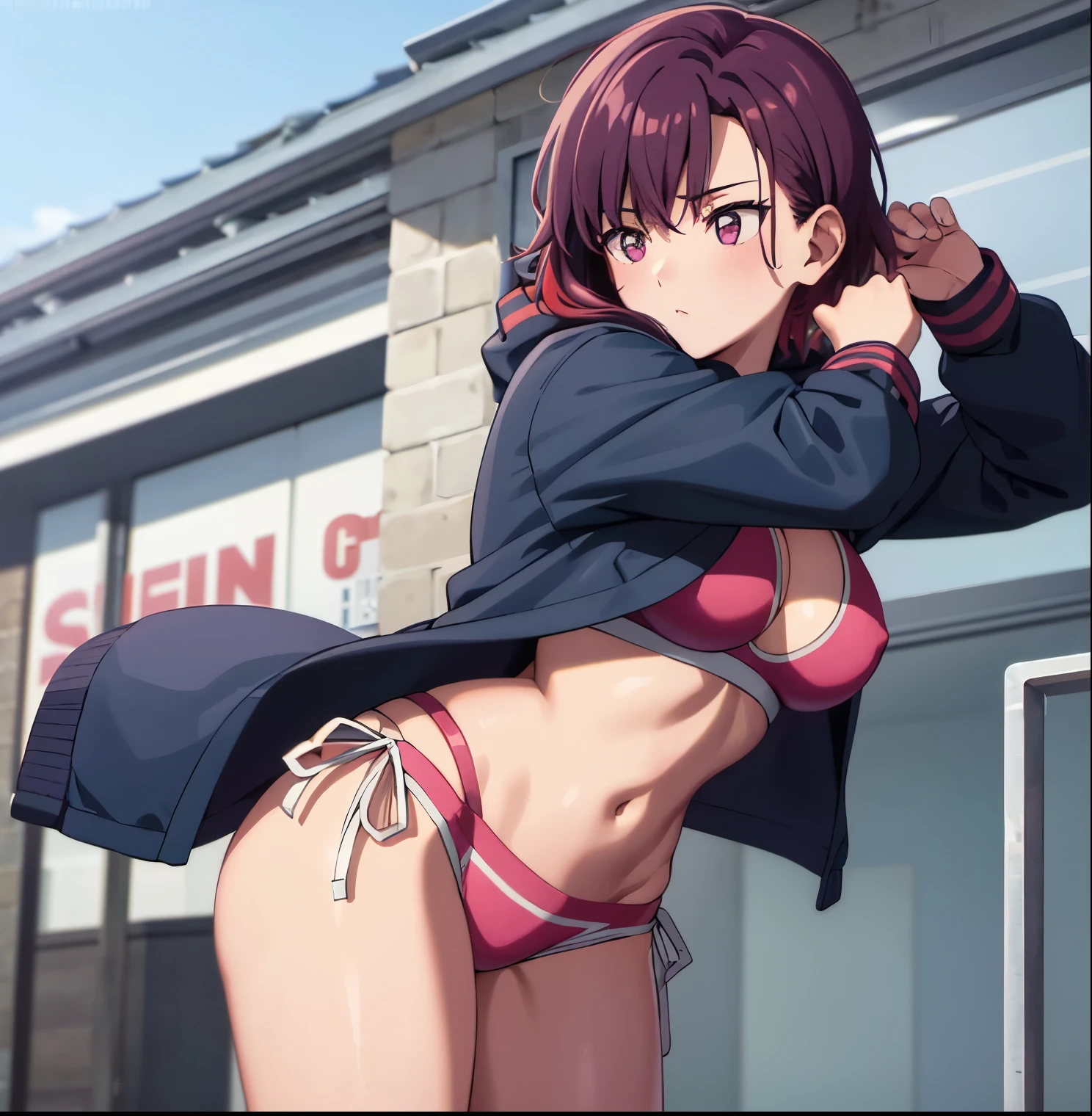 a girl on the street,1girl, alone,Shizuka mikazuki, short hair, red hairpin, dark purple hair, purple eyes, pink sport bra, pink sport short, dark purple thighthigh, blue pink shoes, colorful jacket, outdoor
high quality, best quality, ultra detailed, masterpiece, 1girl, young woman, big breast, big breasts, medium waist, wide hips, medium thighs, good anatomy, good hands