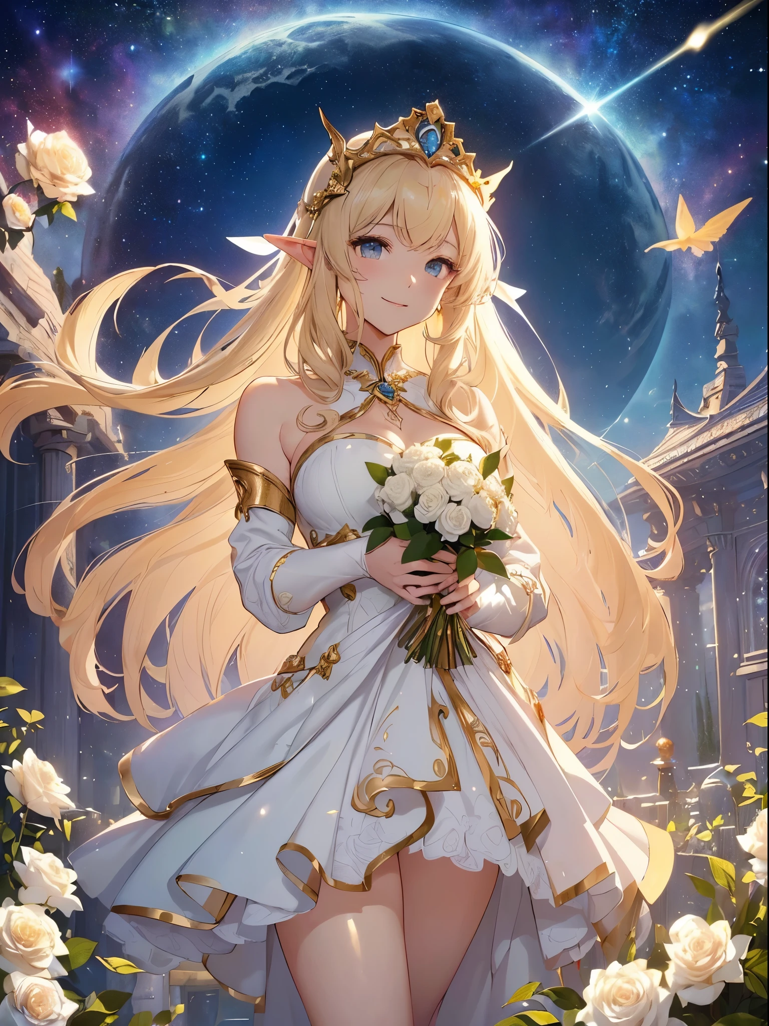 highest quality、Highest image quality、masterpiece、Super beautiful elf beauty((22 years old OL big bust、Bust 90,beautiful long ironed hair、blonde、Give me a bouquet of white roses 1.9 globes、、slender、Close-up、Esbian、beautiful tiara、High quality、beautiful art、background((starrysky)))muste piece、visual art、Depth of bounds written、low angle of morning sky、、elf ears、、light magic、Space Knight、harp melody🎵、Happy smile、gentle light、、Beautiful legs that are gentle on the skin、、、Number of fingers to achieve precise finger movements、ticker beautiful decorative dress、elegant、Mystical rosa、 Heaven、Marble pillars, beautiful dressy、magnificent marble dome、Huge galaxy、religious painting、holding the earth、Temple of Time、Great watch、hourglass、sundial、moment of creation!myth、alphonse mucha art、art noveau、byzantine art、folding screen picture、gold foil、Raphael's paintings、renaissance art、I will present you a bouquet of white roses.!