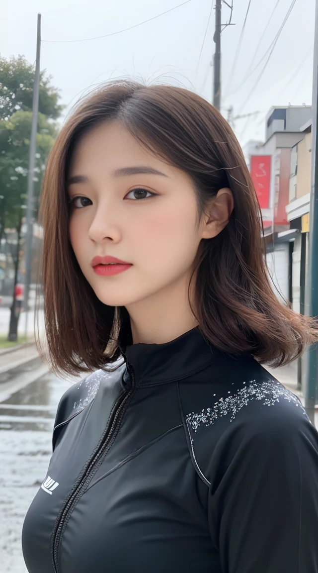 (quality, 8k, masterpiece: 1.3)), focus: 1.2, perfect body beautiful: 1.4, : 1.2, (bikini beauties)((性感大胸bikini beauties))((layered hairstyle, : 1.2)), (black wet suit: 1.1), (rain, street: 1.3), Bando bikini dress: 1.1, Highly detailed facial and skin textures, narrow eyes, double eyelids, whiten skin, long hair, (silent: 1.3), Beautiful girl with snowy scenery as background