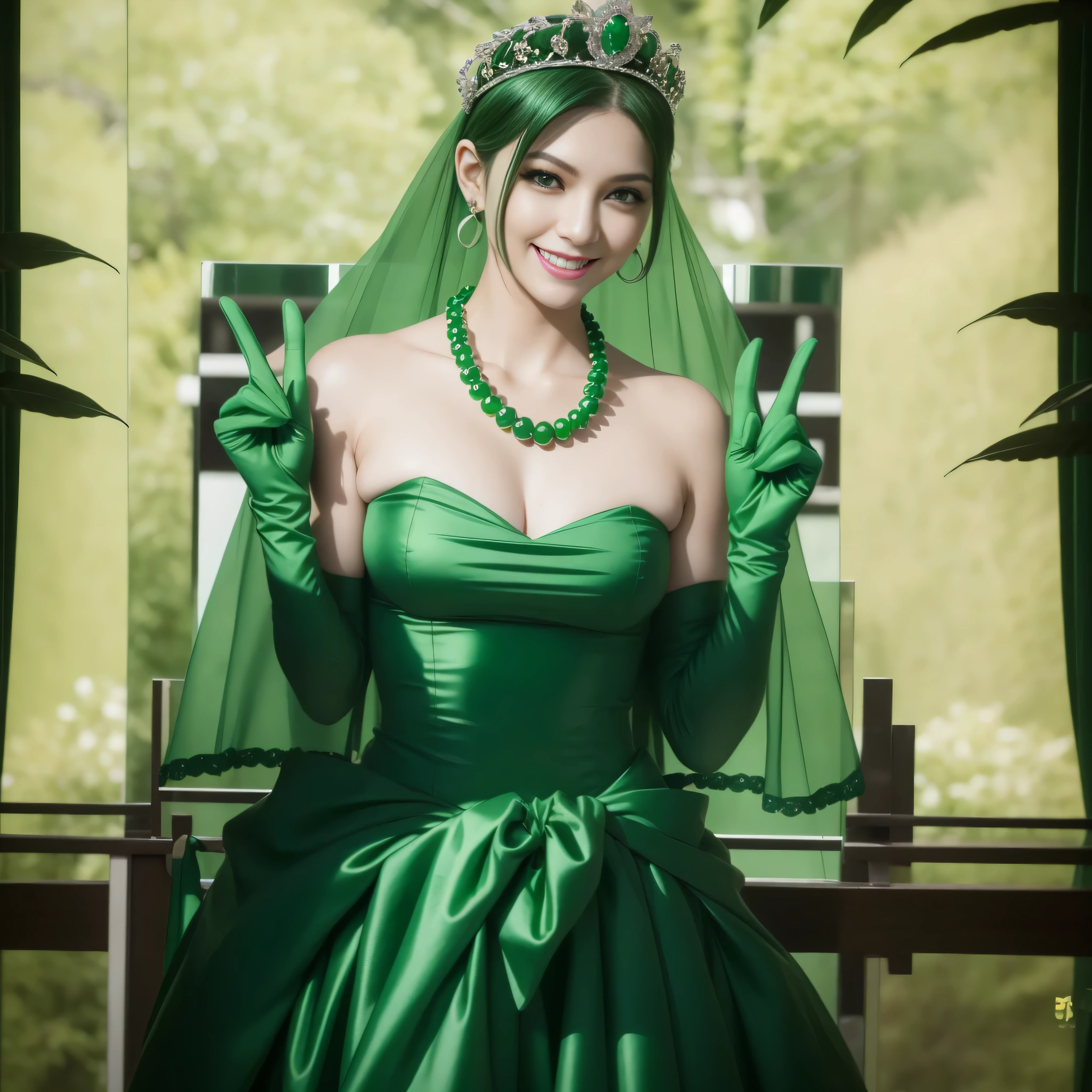 emerald tiara, Green Pearl Necklace, Boyish very short green hair, lipsticks, Japan woman smiling, very short short hair, Busty beauty, green eyes, Long green gloves made of satin material, green eyes, Emerald Earrings, green vale, v sign