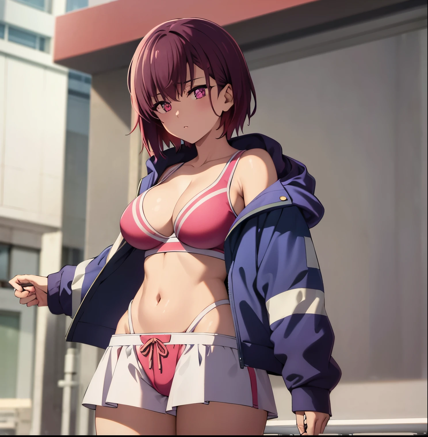 a girl on the street,1girl, alone,Shizuka mikazuki, short hair, red hairpin, dark purple hair, purple eyes, pink sport bra, pink sport short, dark purple thighthigh, blue pink shoes, colorful jacket, outdoor
high quality, best quality, ultra detailed, masterpiece, 1girl, young woman, big breast, big breasts, medium waist, wide hips, medium thighs, good anatomy, good hands