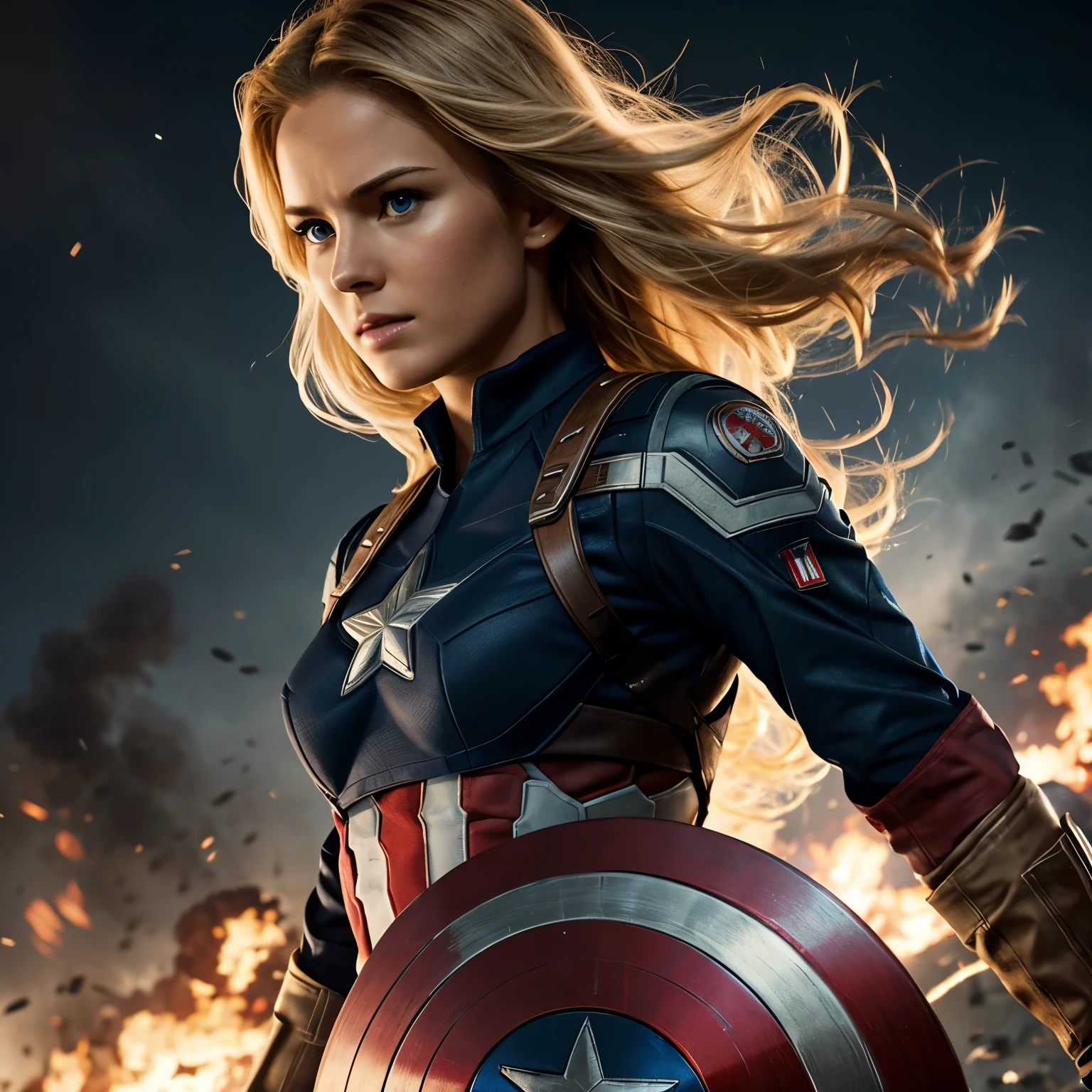 Realistic, high quality, 8k, Create an image with advanced image quality and resolution, featuring super detailed depiction of a beautiful woman wearing a captain America outfit. Long blonde hair, perfect body, perfect face, glowing blue eyes, Position her at the center of the composition, facing the viewer,in the cockpit of a futuristic aircraft with lots of switches, dials and screens, Ensure the portrayal of the intricacies of the costume, capturing textures and unique features. The fiery war scene should be realistically rendered, incorporating elements such as smoke, debris, and dramatic lighting effects. This image is intended to convey a powerful and visually engaging scene, combining the strength of the female captain America attire with the urgency and chaos of the war setting.