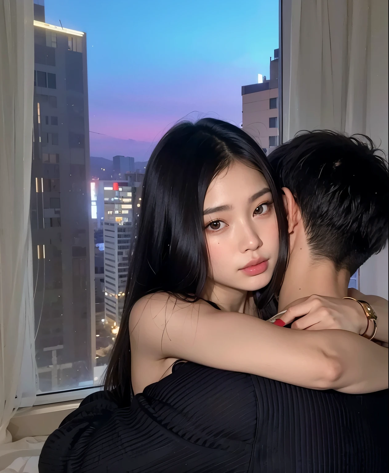 there is a man and a woman hugging in front of a window, brazo alrededor de su cuello, Asian girl, her face looks like an orchid, asian features, aykut aydogdu, Beautiful Asian girl, Loish e Ross Tran, Roberto Ferri y Ruan Jia, tumblr, 18 years, muchacha coreana, jennie blackpink, an Asian woman, Asian