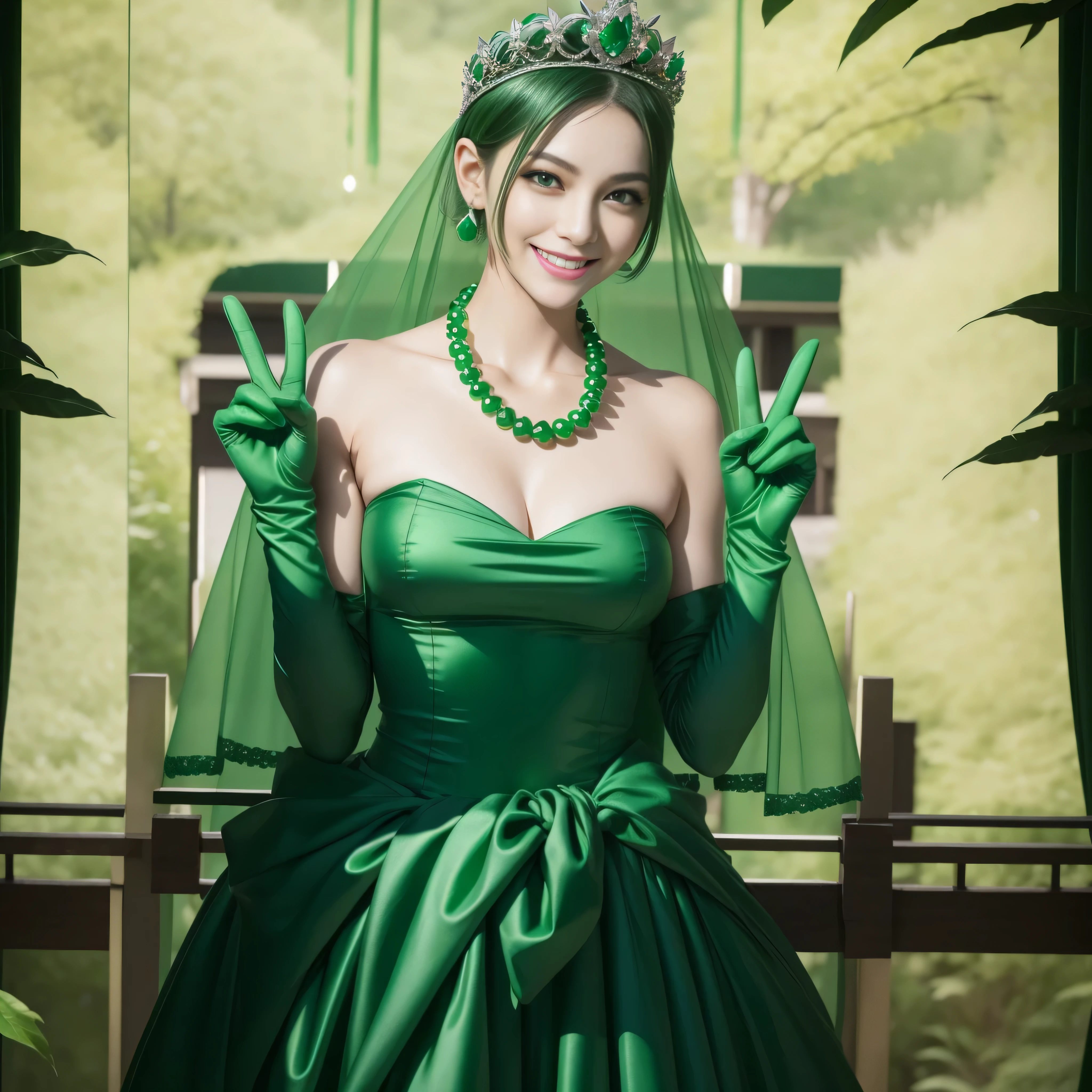 emerald tiara, Green Pearl Necklace, Boyish very short green hair, lipsticks, Japan woman smiling, very short short hair, big breasts beautiful, green eyes, Long green gloves made of satin material, green eyes, v sign, double piece