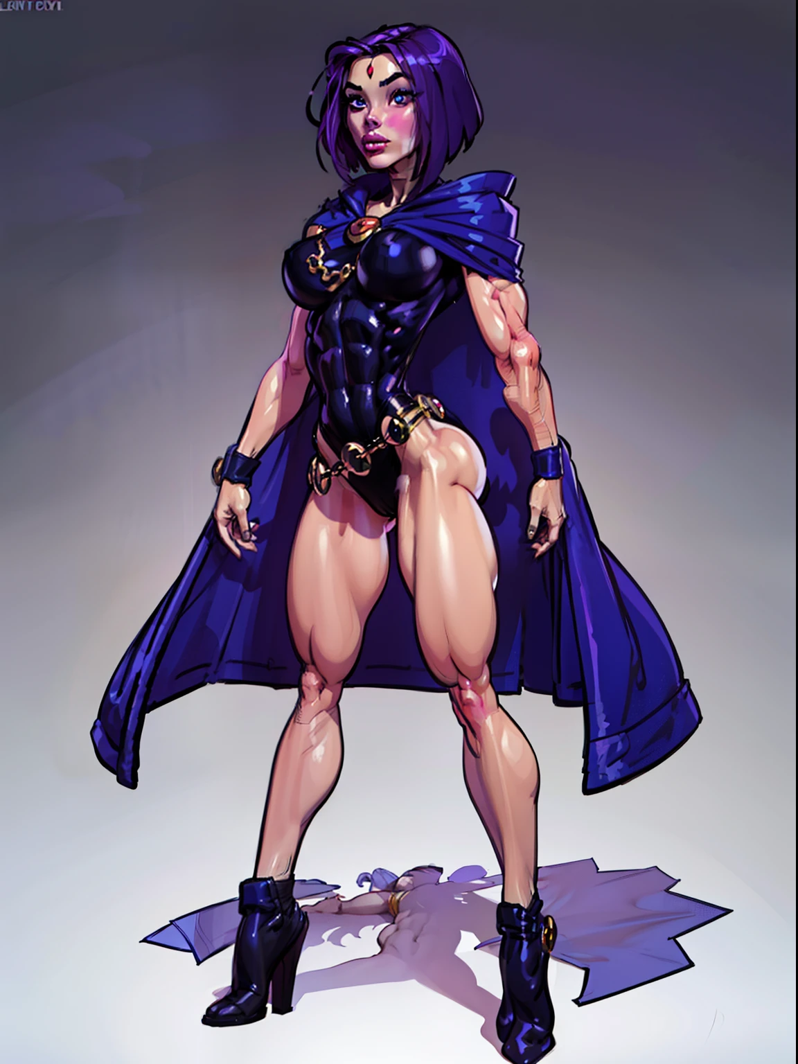1girl,solo,RavenTT, dynamic post ,navy-blue cloak, brooch, leotard, belt,short hair,purple hair, ((muscular legs)), purple eyes,black lipstick,grey skin,curvy,wide hips