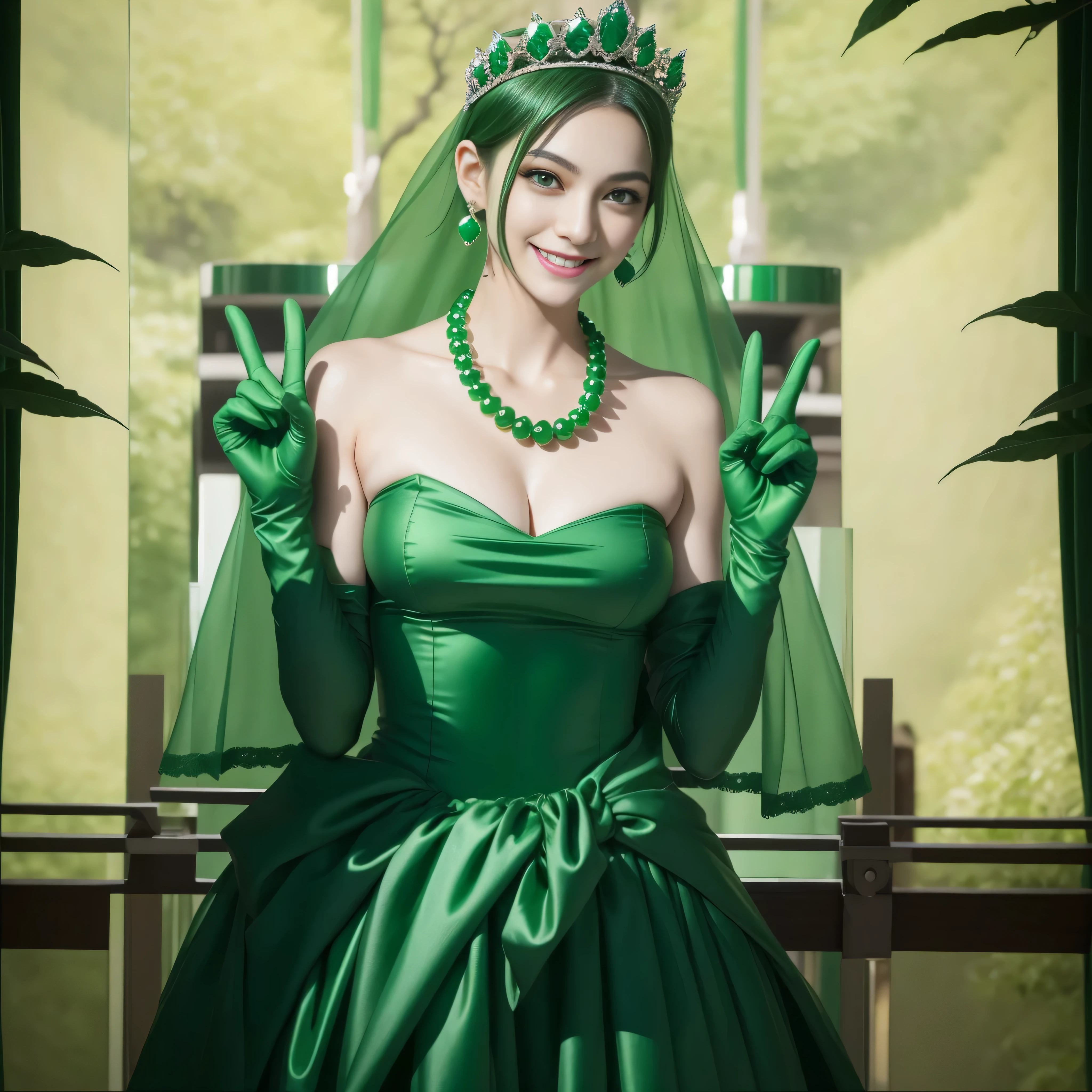 emerald tiara, Green Pearl Necklace, Boyish very short green hair, lipsticks, Japan woman smiling, very short short hair, big breasts beautiful, green eyes, Long green gloves made of satin material, green eyes, v sign, double piece