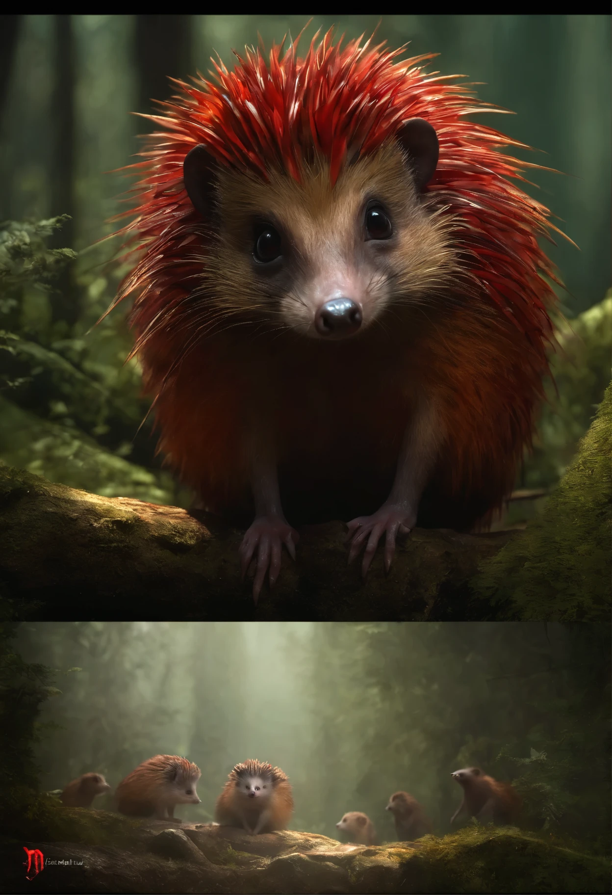 fanged hedgehog, hedgehog with red eyes, Hedgehog covered in blood, a bloody hedgehog in meat sits on a stone in the forest, charming digital painting, Rendering of monkeys, Anthropomorphic hedgehog, bloody fur, Rendering of the Marmoset ToolBaged, Zbrush Color Renderer, Rendering of the Marmoset ToolBag, Octane turns into a lonely bloody mass, cute 3D rendering, bloody fur весь в мясе, cute detailed digital art, whimsical demon with rainbow fur