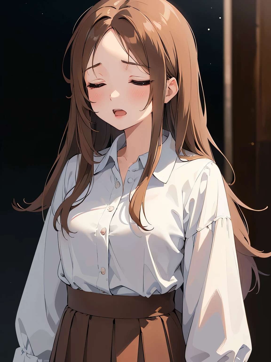 masterpiece、highest quality、 forehead, A 25-year-old woman with light chestnut medium-long hair and brown eyes.、front open shirt, Wearing a white blouse、Wearing a gray skirt、(sleepy:1.5), open mouth, walking、The background is outside at night、bold composition、Upper body is shown、Alone、close up of your face