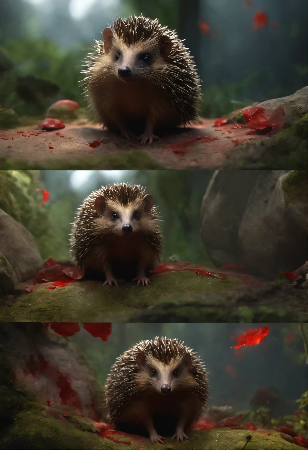 fanged hedgehog, hedgehog with red eyes, Hedgehog covered in blood, a bloody hedgehog in meat sits on a stone in the forest, charming digital painting, Rendering of monkeys, Anthropomorphic hedgehog, bloody fur, Rendering of the Marmoset ToolBaged, Zbrush Color Renderer, Rendering of the Marmoset ToolBag, Octane turns into a lonely bloody mass, cute 3D rendering, bloody fur весь в мясе, cute detailed digital art, whimsical demon with rainbow fur