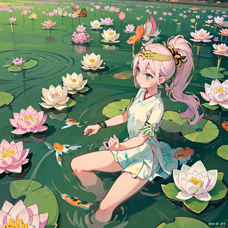 water lily girl、amazing dynamism、amazing angle、Overwhelming blistering sandstorm、(((Many friendly pastel lotuses float and chase)))、(((surround each other'too long pastel koi)))