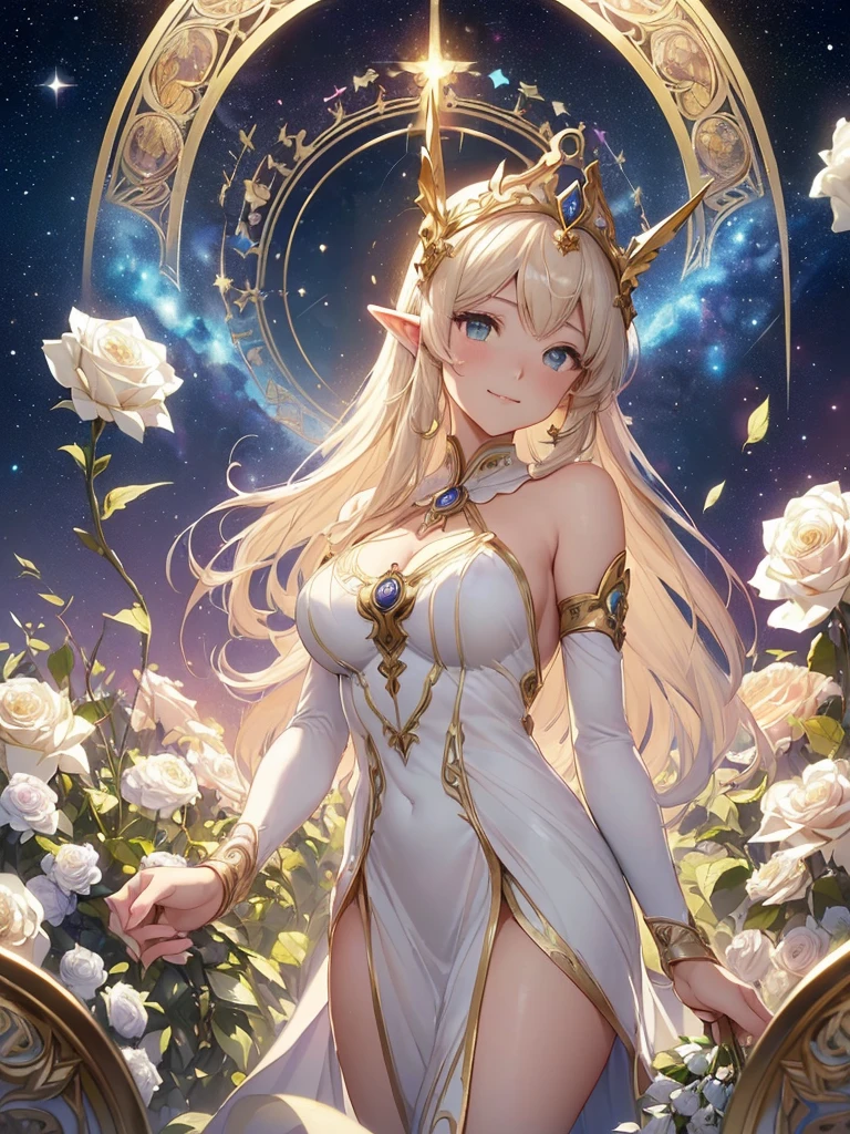highest quality、Highest image quality、masterpiece、Super beautiful elf beauty((22 years old OL big bust、Bust 90,beautiful long ironed hair、blonde、Give me a bouquet of white roses 1.9 globes、、slender、Close-up、Esbian、beautiful tiara、High quality、beautiful art、background((starrysky)))muste piece、visual art、Depth of bounds written、low angle of morning sky、、elf ears、、light magic、Space Knight、harp melody🎵、Happy smile、gentle light、、Beautiful legs that are gentle on the skin、、、Number of fingers to achieve precise finger movements、ticker beautiful decorative dress、elegant、Mystical　rosa、　Heaven、Marble pillars, beautiful dressy、magnificent marble dome、Huge galaxy、religious painting、holding the earth、Temple of Time、Great watch、hourglass、sundial、moment of creation！myth、alphonse mucha art、art noveau、byzantine art、folding screen picture、gold foil、Raphael's paintings、renaissance art、I will present you a bouquet of white roses.！symmetry