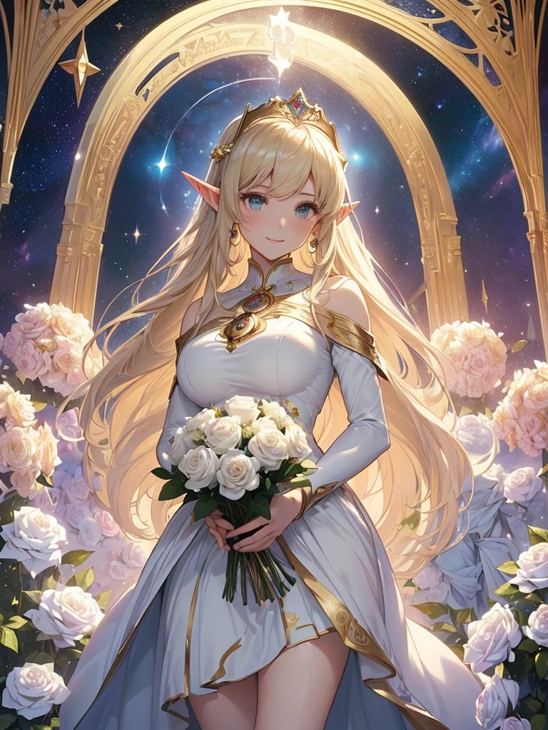 highest quality、Highest image quality、masterpiece、Super beautiful elf beauty((22 years old OL big bust、Bust 90,beautiful long ironed hair、blonde、Give me a bouquet of white roses 1.9 globes、、slender、Close-up、Esbian、beautiful tiara、High quality、beautiful art、background((starrysky)))muste piece、visual art、Depth of bounds written、low angle of morning sky、、elf ears、、light magic、Space Knight、harp melody🎵、Happy smile、gentle light、、Beautiful legs that are gentle on the skin、、、Number of fingers to achieve precise finger movements、ticker beautiful decorative dress、elegant、Mystical　rosa、　Heaven、Marble pillars, beautiful dressy、magnificent marble dome、Huge galaxy、religious painting、holding the earth、Temple of Time、Great watch、hourglass、sundial、moment of creation！myth、alphonse mucha art、art noveau、byzantine art、folding screen picture、gold foil、Raphael's paintings、renaissance art、I will present you a bouquet of white roses.！symmetry