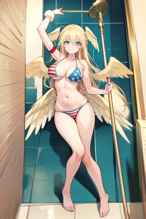 Blonde hair, mint eyes, Sexy, large breasts, angel wings, american flag bikini nipples, shower room, shower, smile