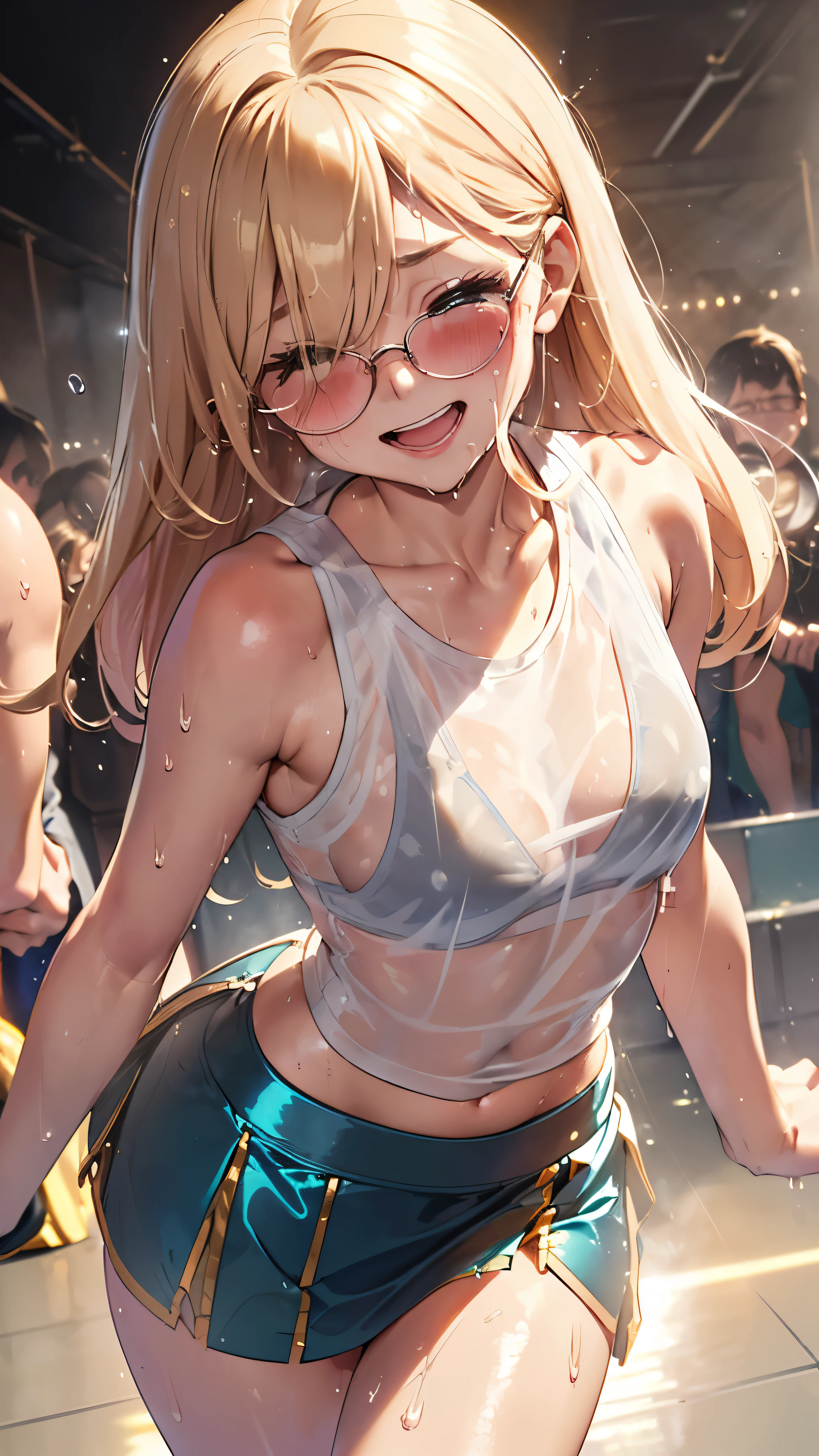 1 female,golden hair,25 years old,(((blue shiny micro tight skirt)))((white tank top))(((blush、open mouth smile)),(((straight hair))),(((portrait))),crowd,,((wet with sweat))(sexy bra and see-through tank top)(Glasses)(((small breasts)))