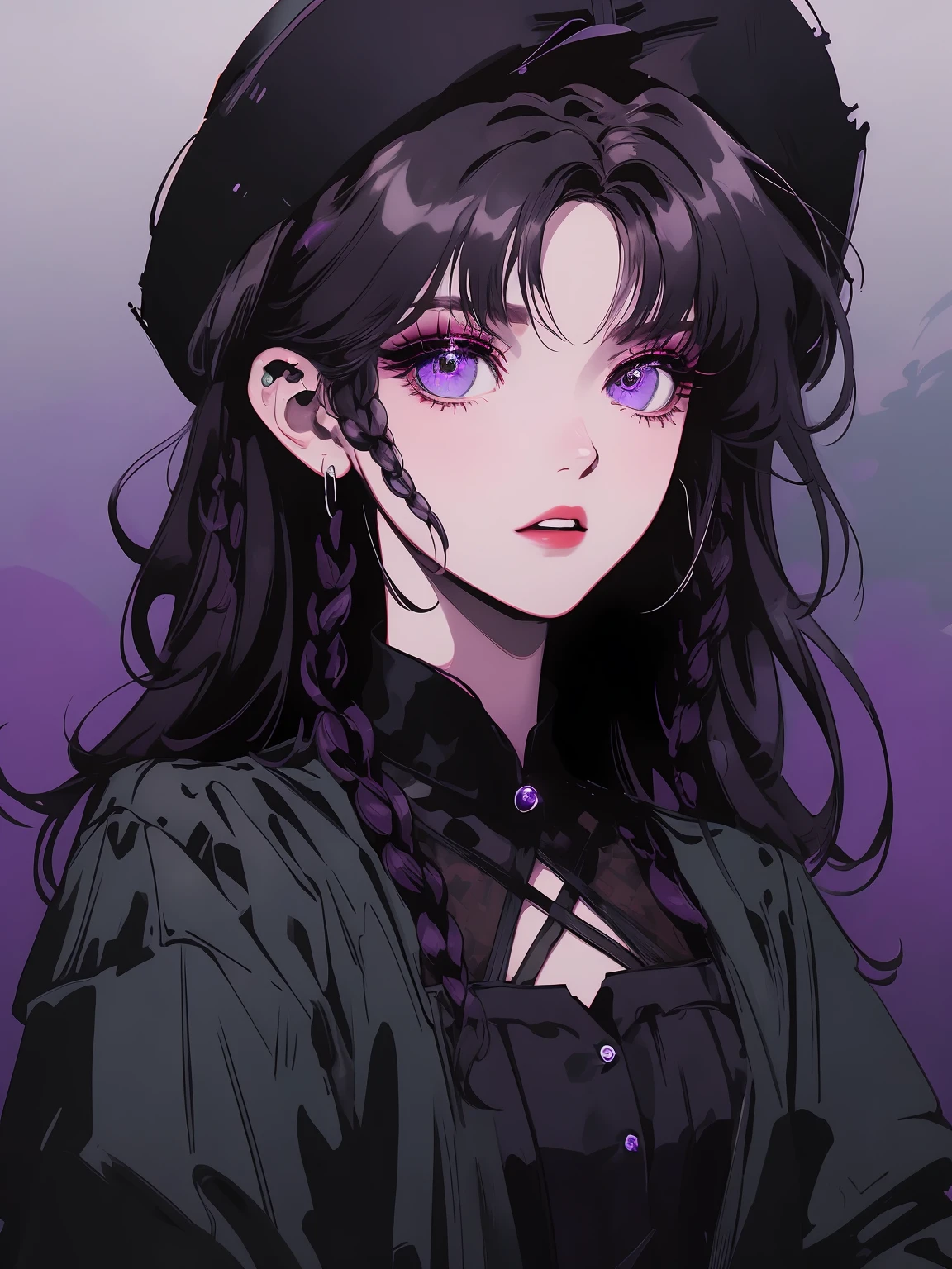 A girl with neo goth style, wearing a black dress and white collar, with a black hat and dark makeup on her face, standing in a mysterious garden surrounded by creeping vines. The garden is filled with dark purple flowers and has a Gothic architecture in the background. The girl's hair is black and styled in a long braid with a red rose pinned on the side. Her eyes are sharp and piercing, with heavy black eyeliner and long eyelashes. She has a pale complexion and dark red lips. The atmosphere is gloomy and eerie, with dim lighting casting long shadows. The artwork is created with a mix of digital illustration and photography, resulting in a masterful and high-resolution image. The colors are predominantly dark and muted, with hints of deep red and purple to create a sense of dark beauty. The overall style of the image is a blend of neo goth, horror, and portrait photography, creating a unique and captivating visual experience.((showing expressions)), Dynamic pose, Laughter, and sad