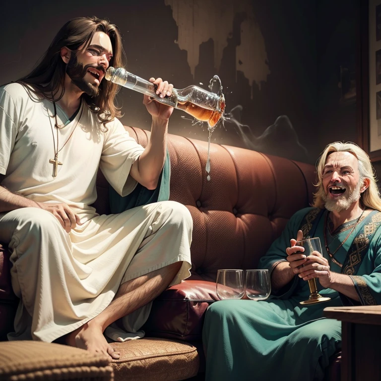 Traditional Jesus sitting on a 1970 couch taking a hit from a large glasong, sitting next to him laughing is a happy  UHD, masterpiece, super detail, award winning