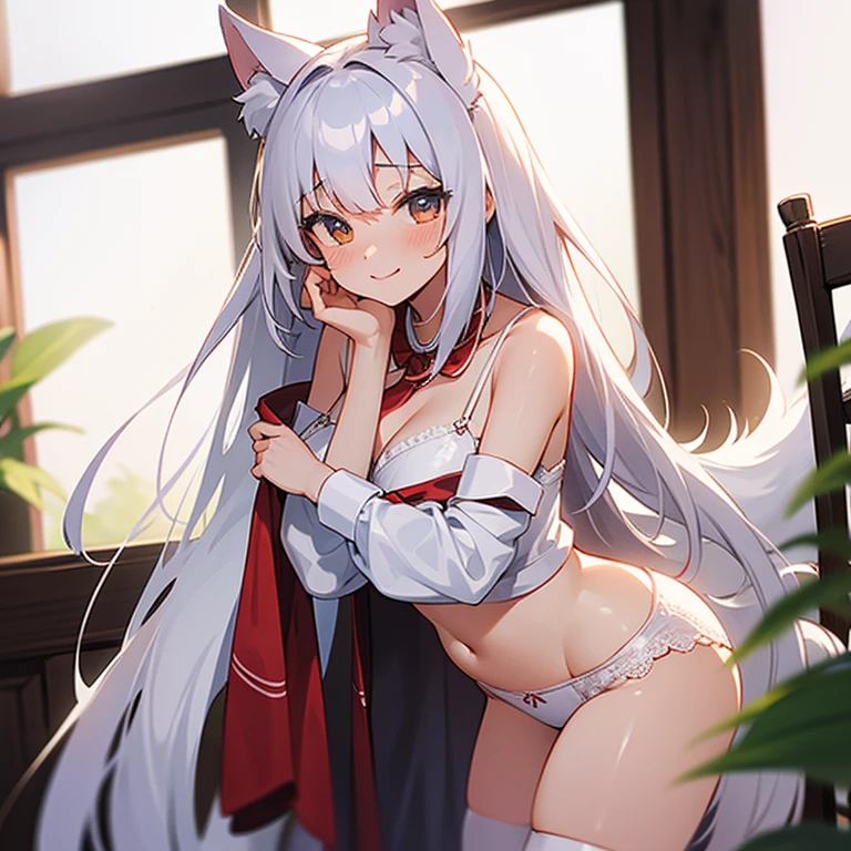 Multiple kitsune blushing smiling wearing white lace panties long hair shy