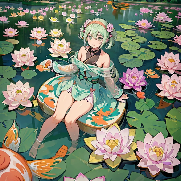 water lily girl、amazing dynamism、amazing angle、Overwhelming blistering sandstorm、(((Many friendly pastel lotuses float and chase)))、(((surround each other'A very long pastel koi)))