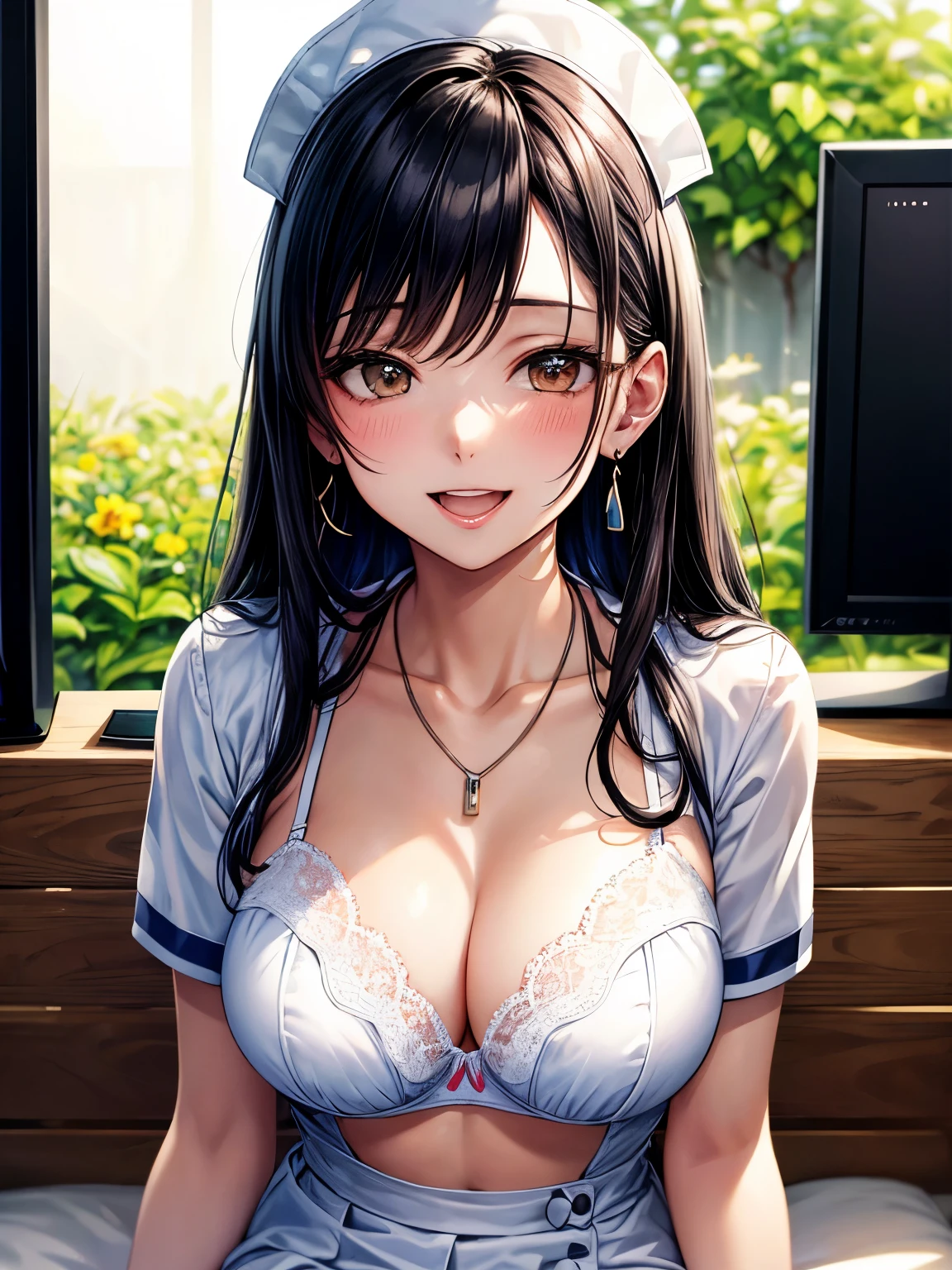 (muste piece: 1.3), (maximum resolution: 1.2), (ultra high definition tv: 1.2), cinema light,ticker, 8K resolution,, perfect style, pretty face, correct, anatomically correct, Highly detailed face and skin texture, , very big breasts、black hair medium long、yellow nurse uniform、Blushing smile、earrings and necklace、white lace bra、open your mouth、garden、sit on a bench、bright sunshine、white stockings、