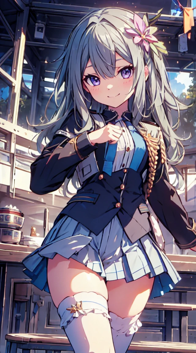 best quality, ultra detailed, absurdres, HDR,1loli、♡、Thighs、Strike a pose with a cheerful smile、uniform